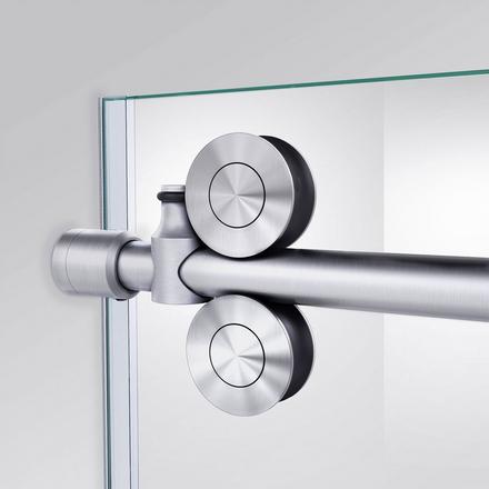 Enigma-XO Brushed Stainless Steel Frameless Clear Glass Sliding Shower Door Enigma-XO Brushed Stainless Steel Frameless Clear Glass Sliding Shower Door