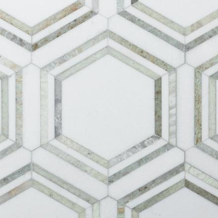 Thassos Carrara Green Framed Hexagon Marble Mosaic Thassos Carrara Green Framed Hexagon Marble Mosaic