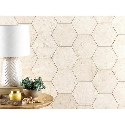 Fossil Hexagon Brushed Limestone Tile Fossil Hexagon Brushed Limestone Tile