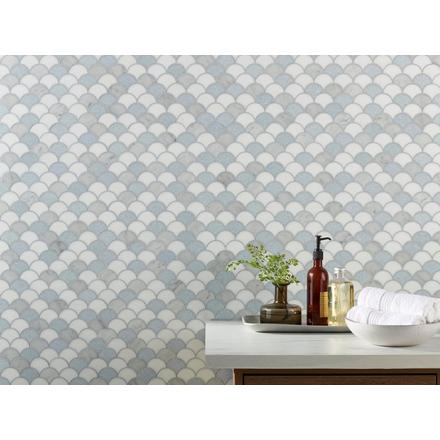 Blue Celeste Thassos Bianco Carrara Fan Honed Marble Mosaic Blue Celeste Thassos Bianco Carrara Fan Honed Marble Mosaic