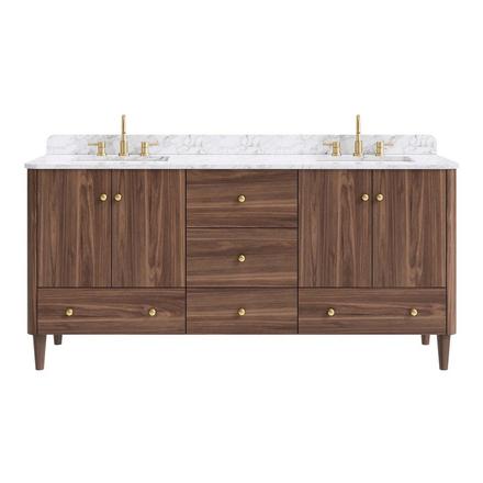 Leyah 73 in. Walnut Finish Vanity with Engineered Stone Top Leyah 73 in. Walnut Finish Vanity with Engineered Stone Top