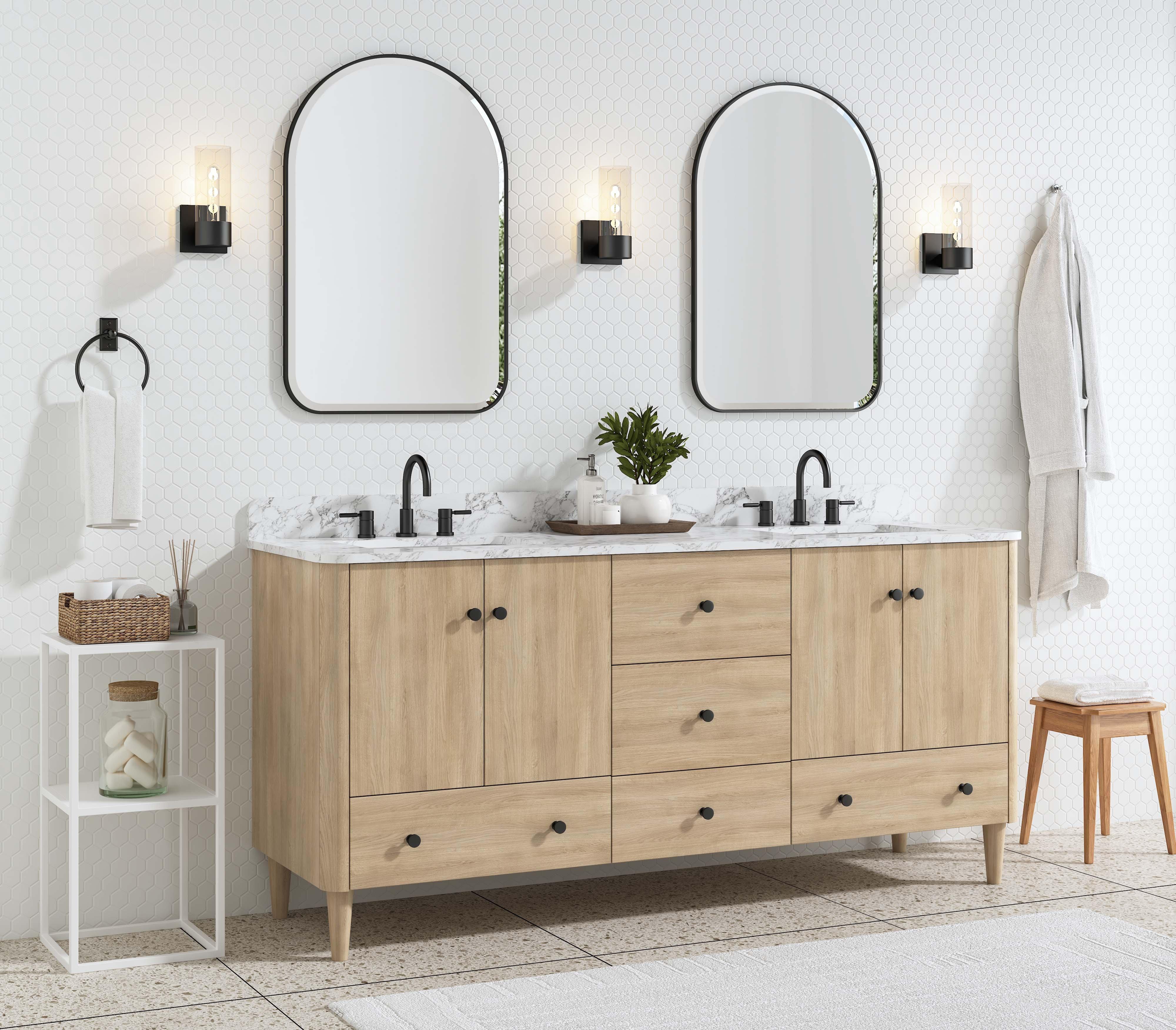 Leyah 73 in. Oak Finish Vanity with Engineered Stone Top