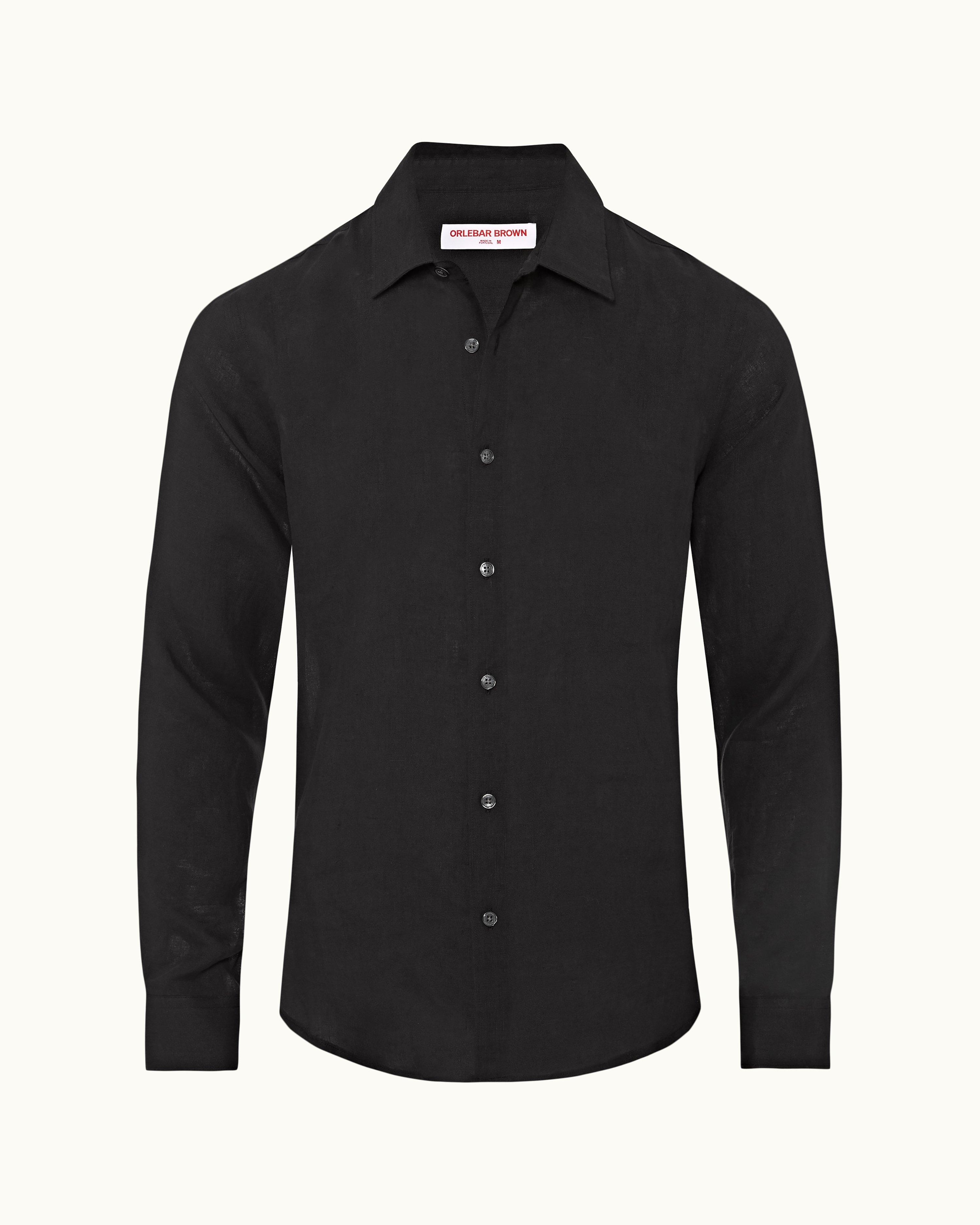 Giles - Black Tailored Fit Classic Collar Italian Linen Shirt