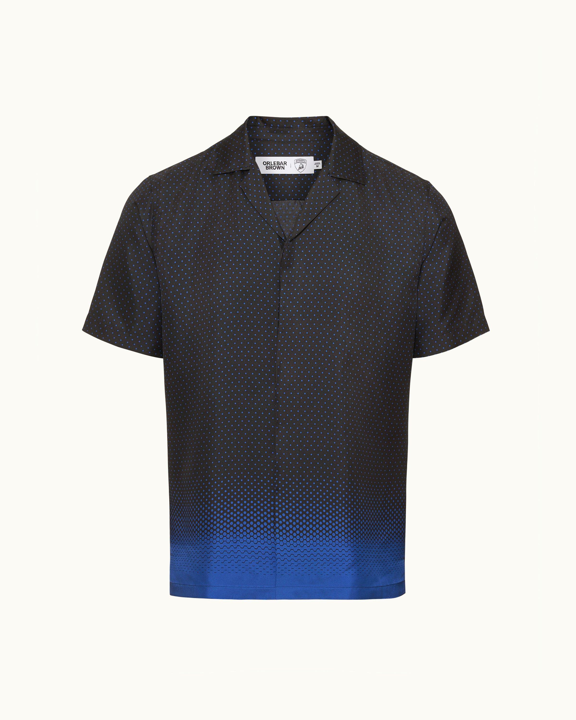 Maitan Silk - Automobili Lamborghini Blu Vathys Degrade Hexagon Print Relaxed Fit Capri Collar Certified Silk Shirt