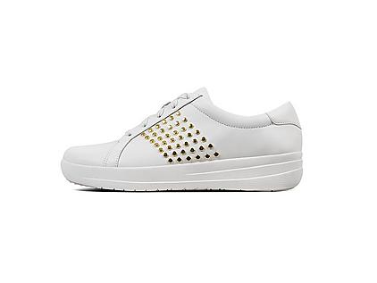 White leather tennis style sneakers with gold studded details.