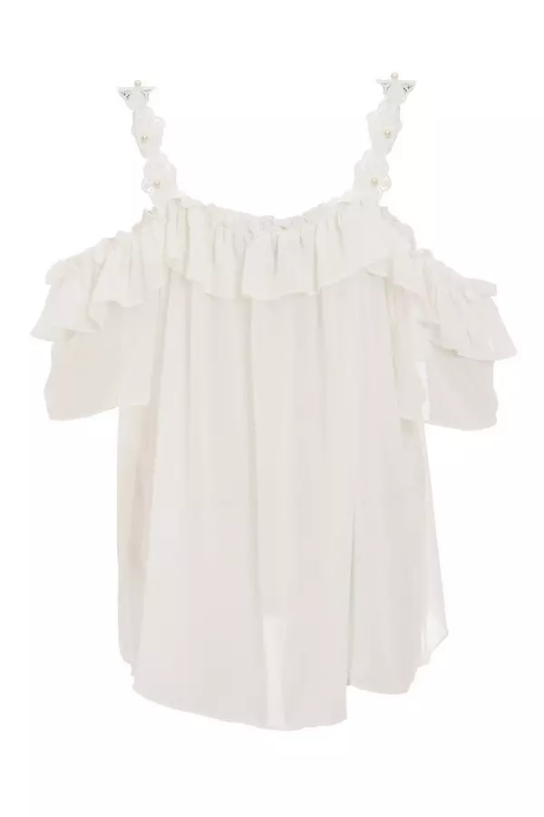 Cream Ruffle Cold Shoulder Lace Top