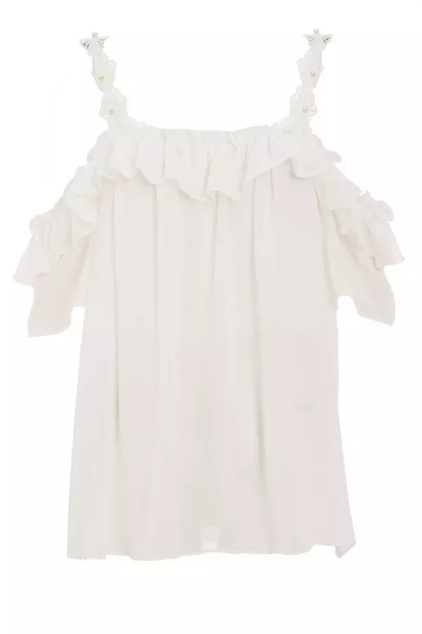 Cream Ruffle Cold Shoulder Lace Top