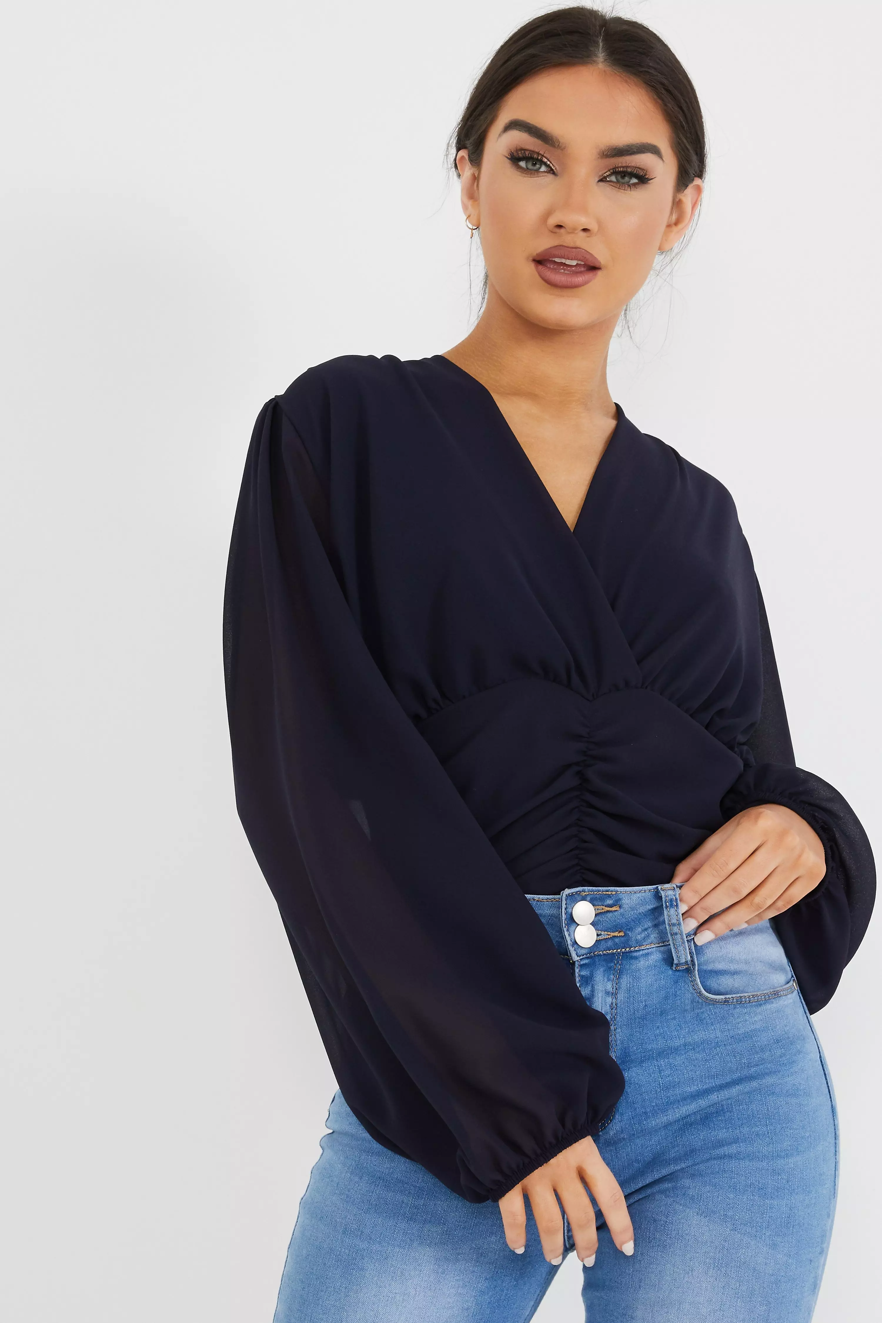 Navy Ruched Chiffon Wrap Top