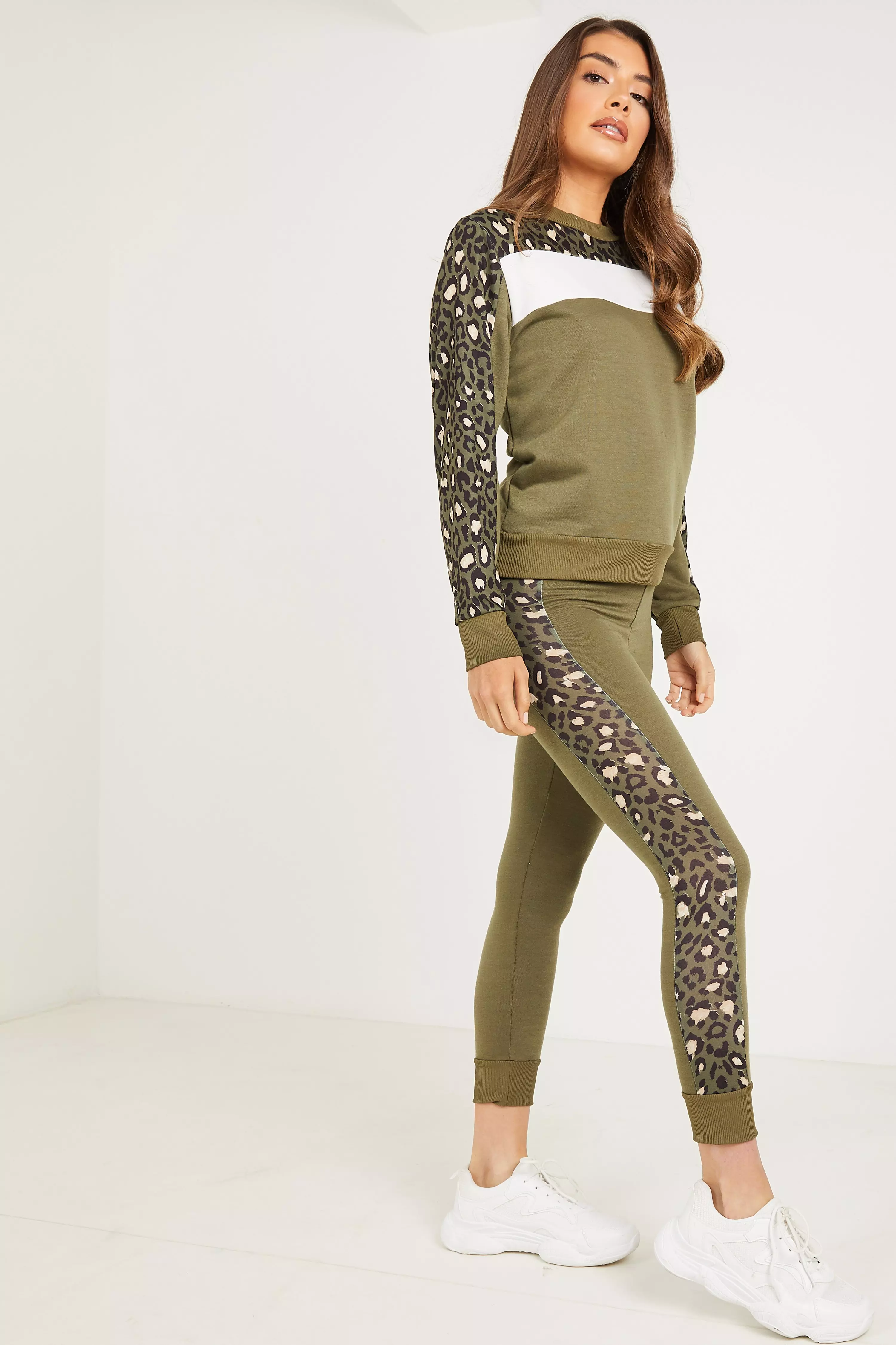 Khaki Leopard Print Stripe Leggings