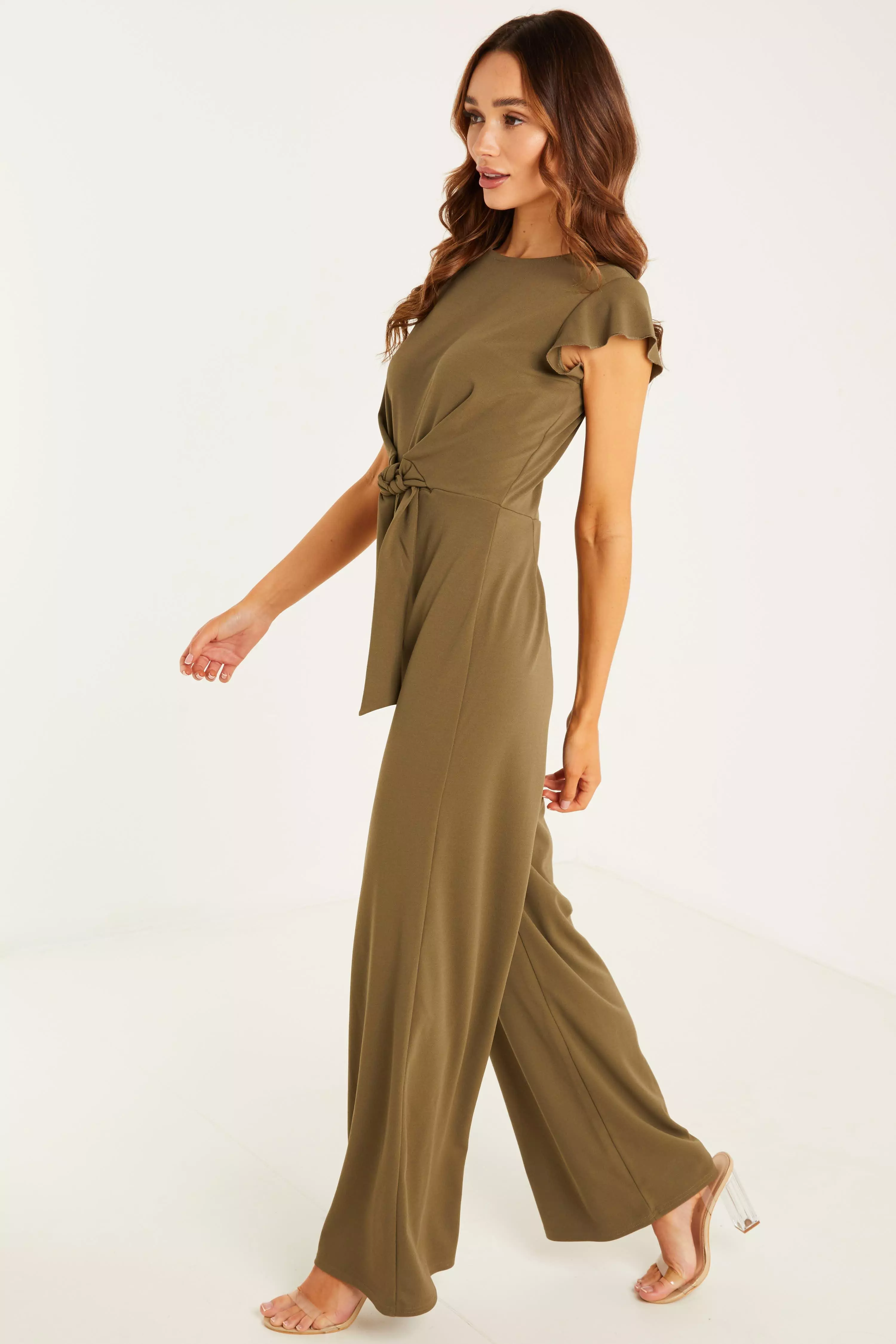 Khaki Frill Sleeve Jumpsuit