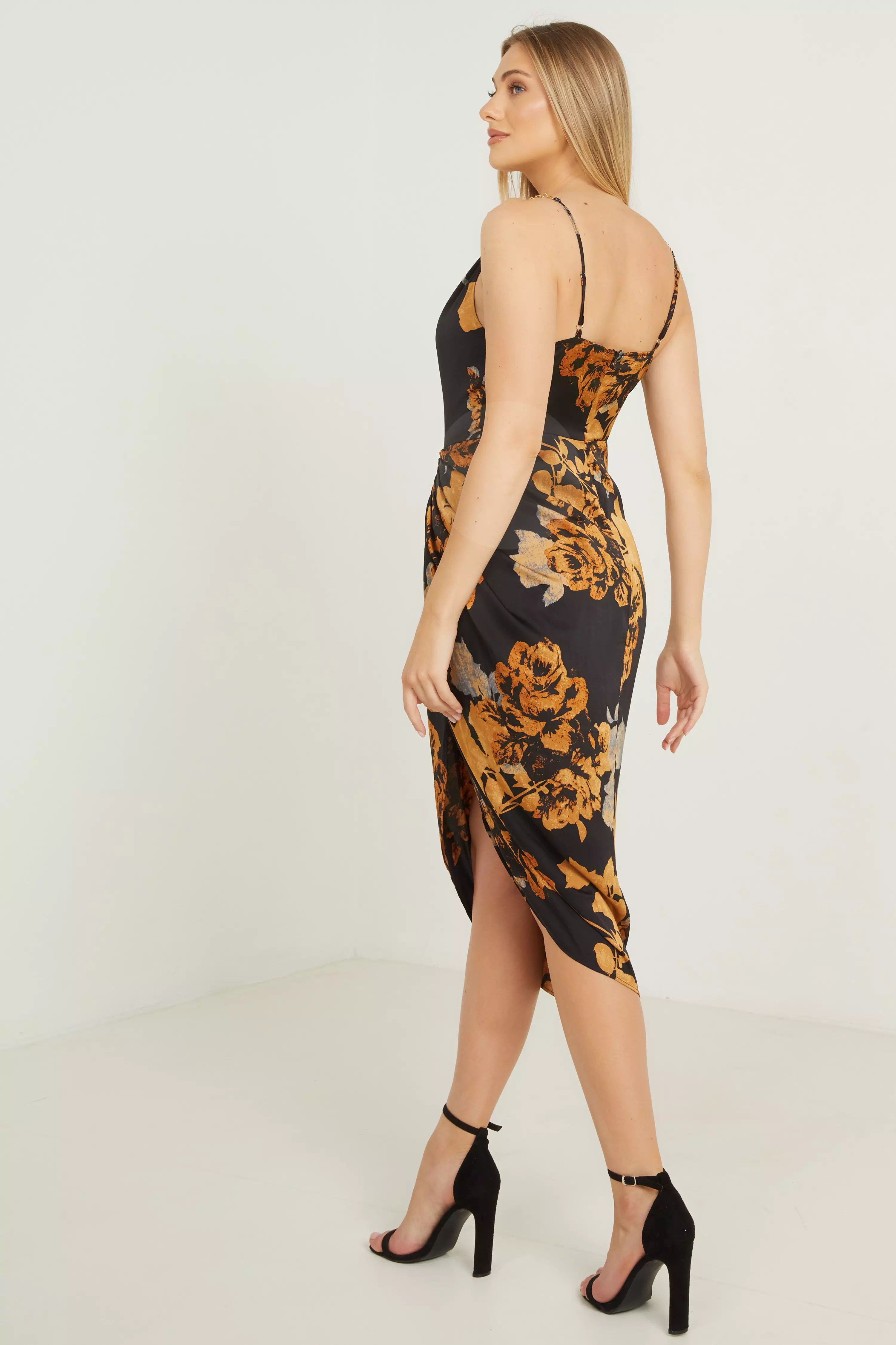 Satin Floral Strappy Midi Dress