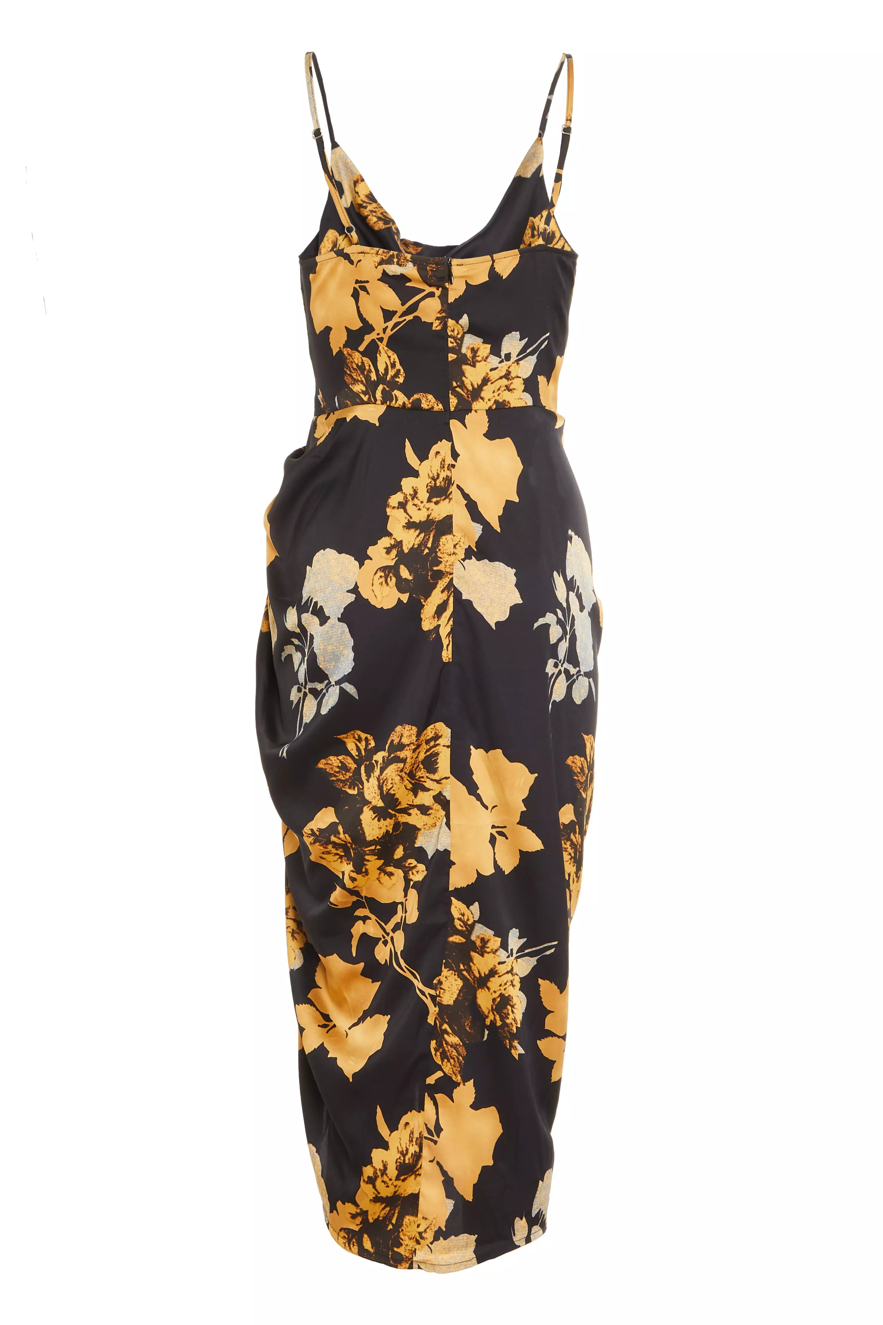 Black Satin Floral Strappy Midi Dress