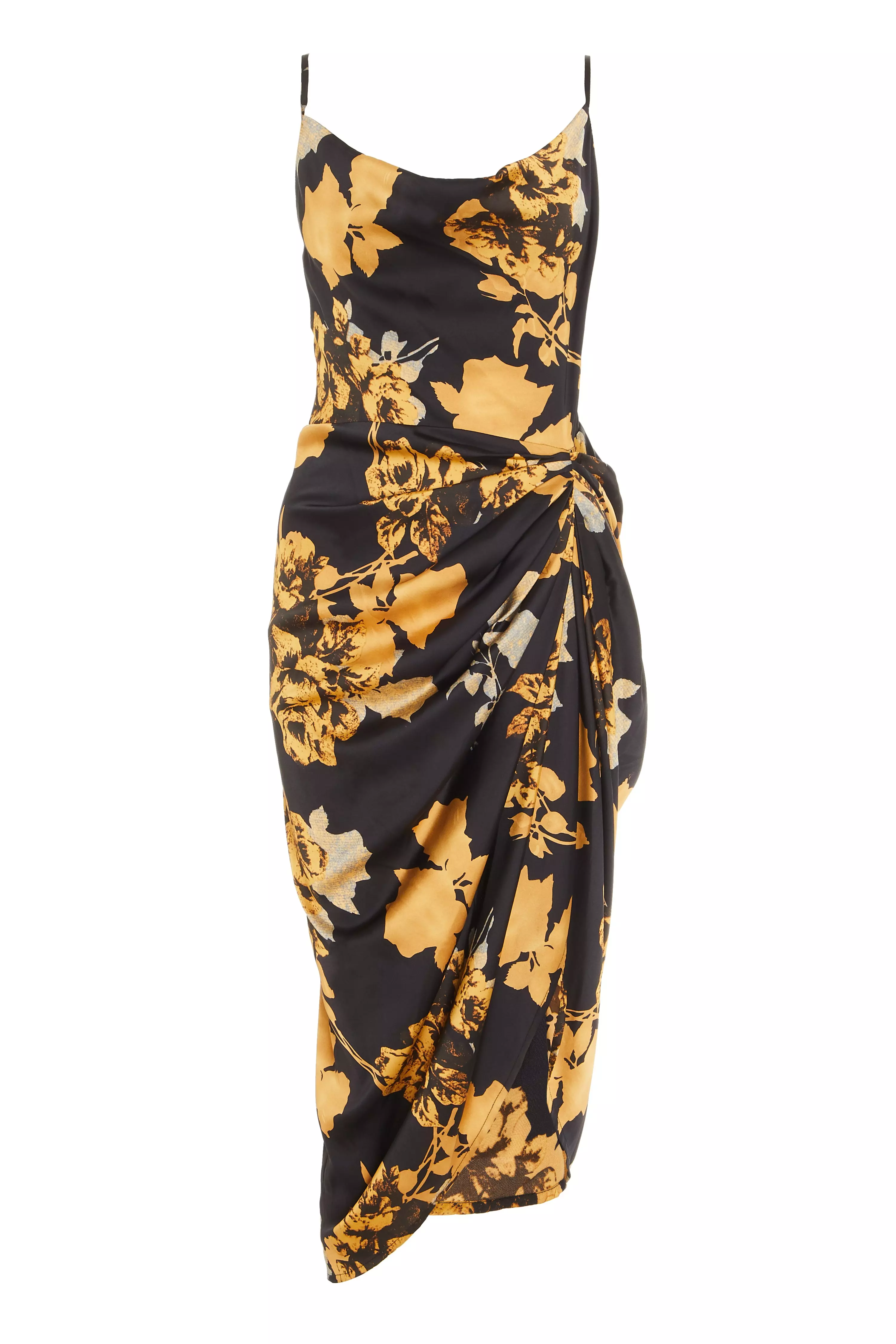 Black Satin Floral Strappy Midi Dress