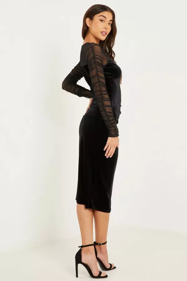 Black Velvet Long Sleeve Midi Dress