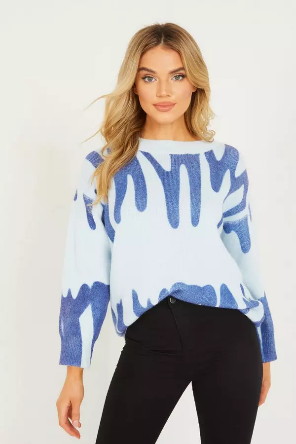 Blue Abstract Print Oversized Jumper