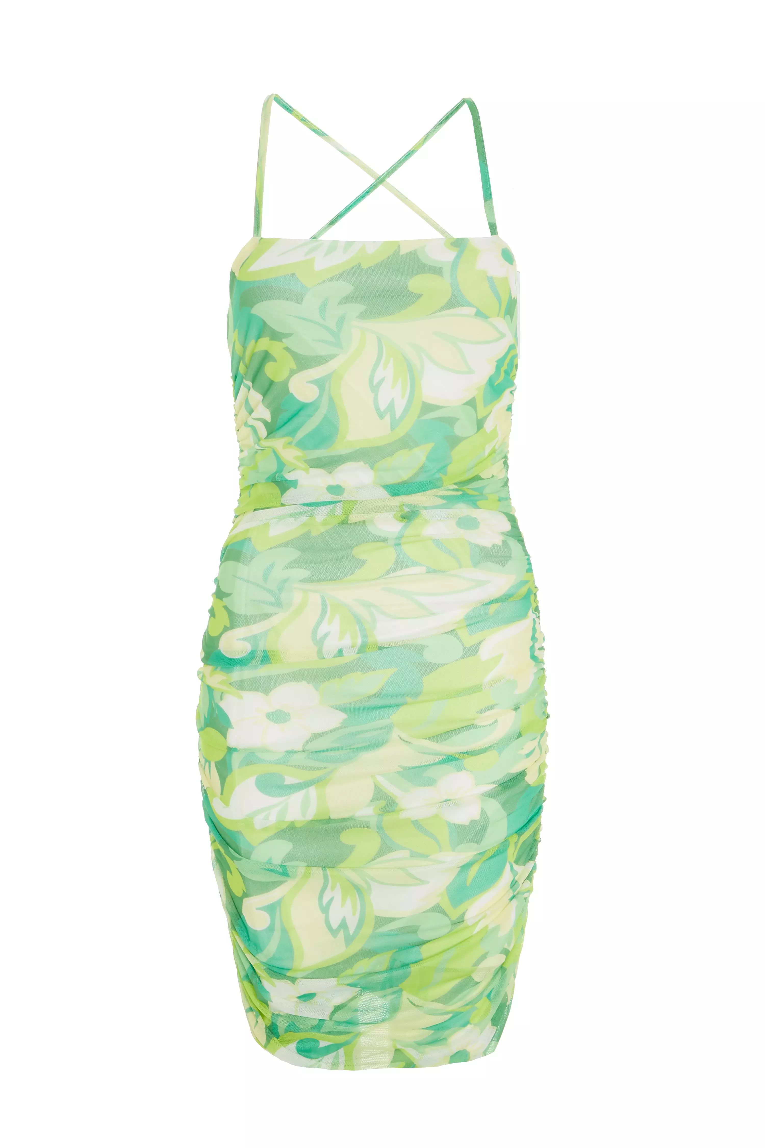 Green Tropical Print Bodycon Mini Dress