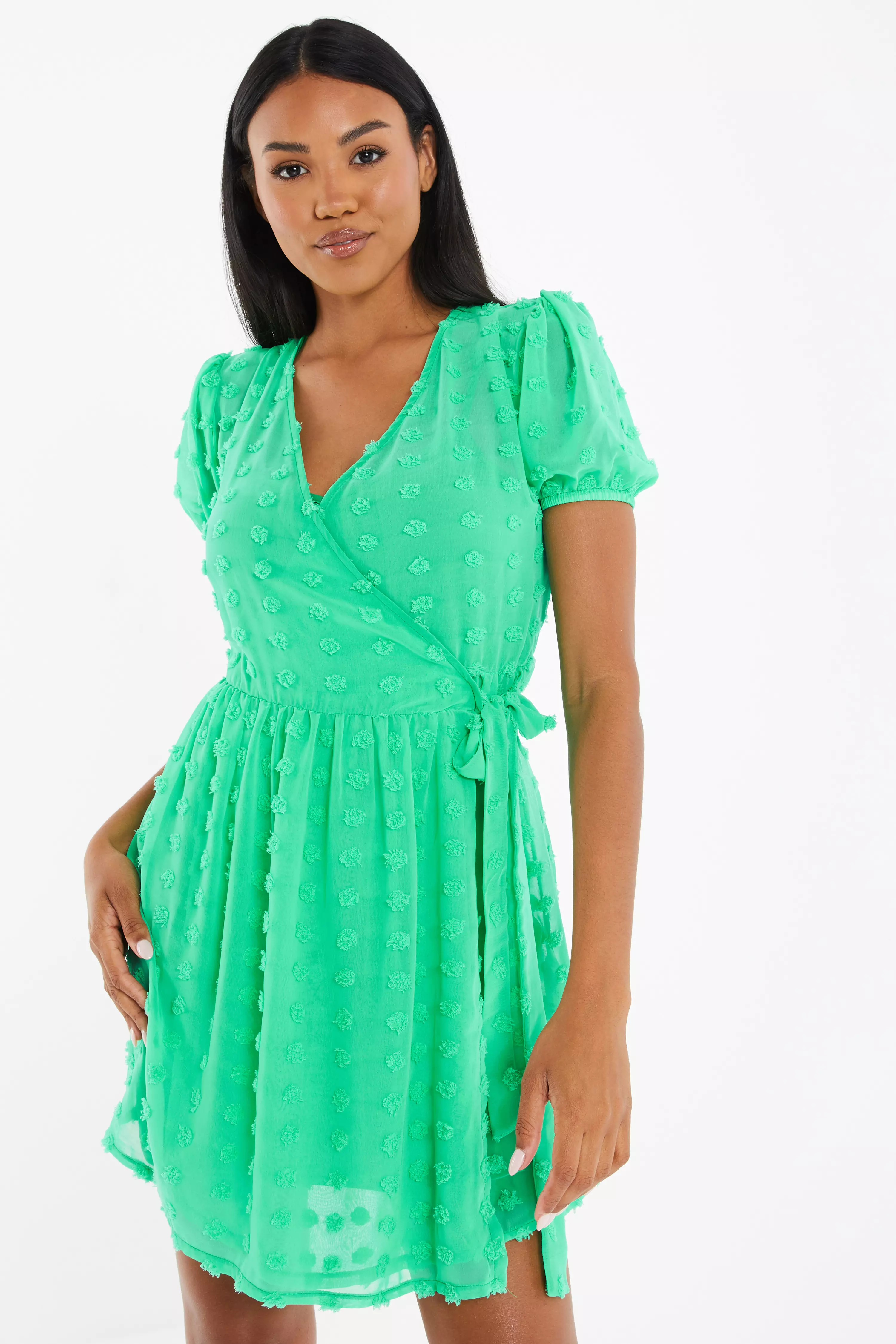 Green Polka Dot Wrap Mini Dress