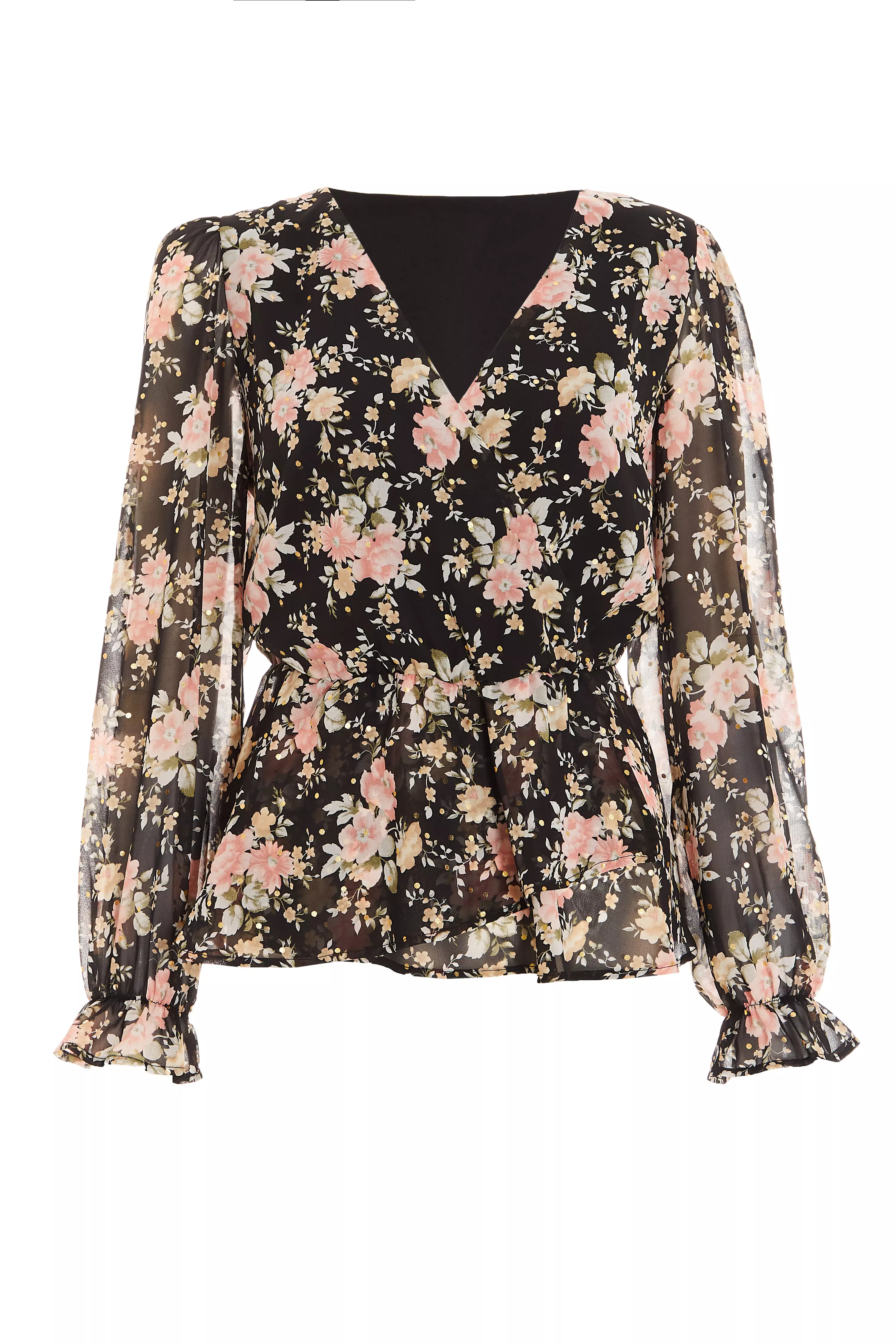 Black Floral Chiffon Peplum Top