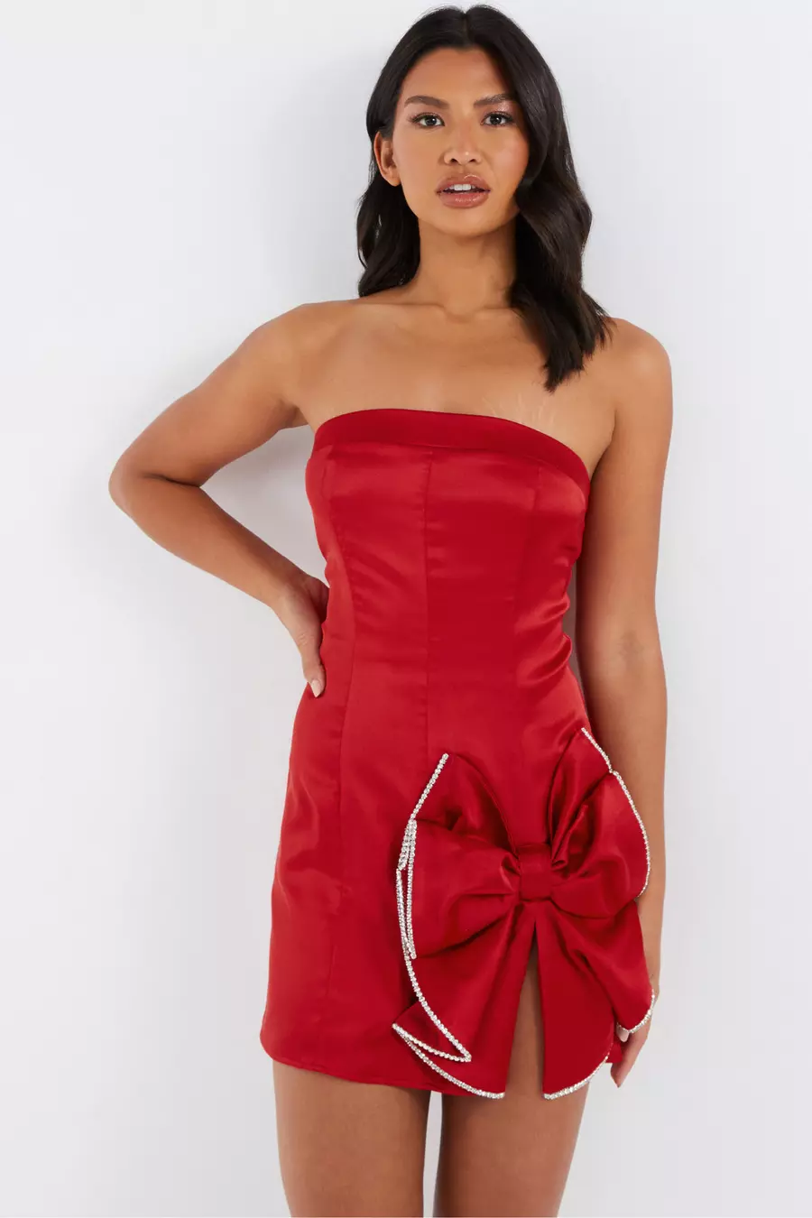 Red Satin Bow Mini Dress QUIZ Clothing