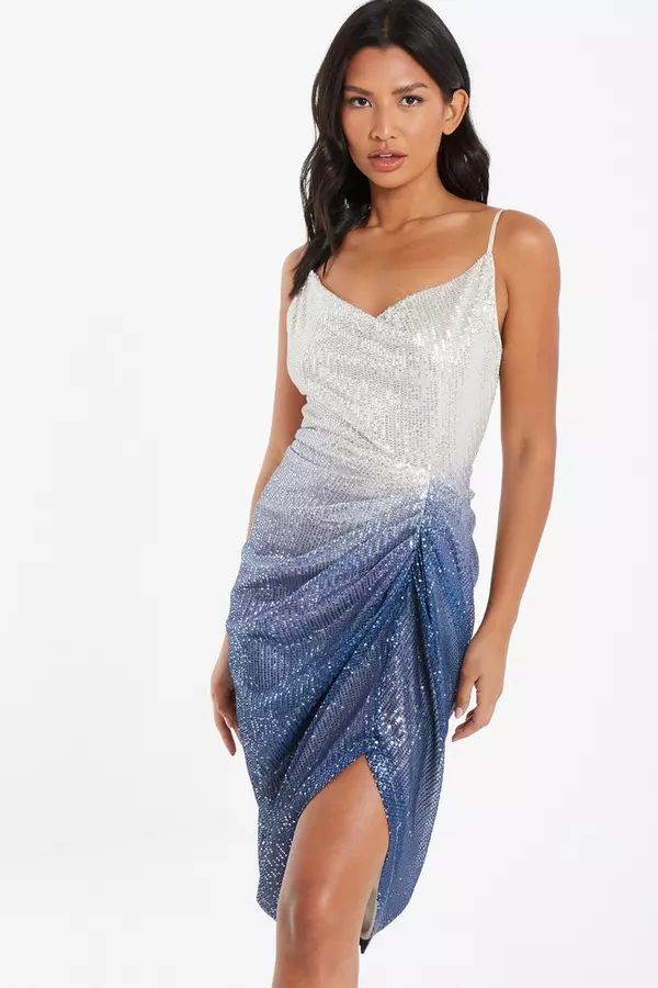 Silver Ombre Sequin Ruched Midi Dress