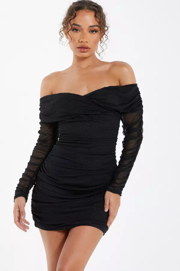 Black Bardot Glitter Ruched Bodycon Mini Dress