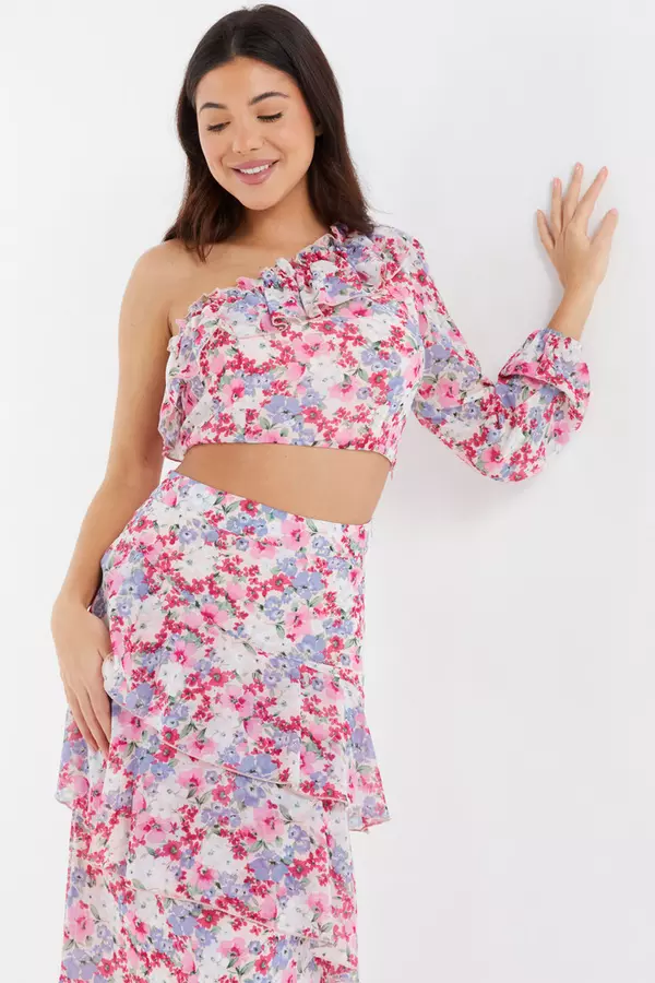 Multicoloured Chiffon Floral One Sleeve Crop Top