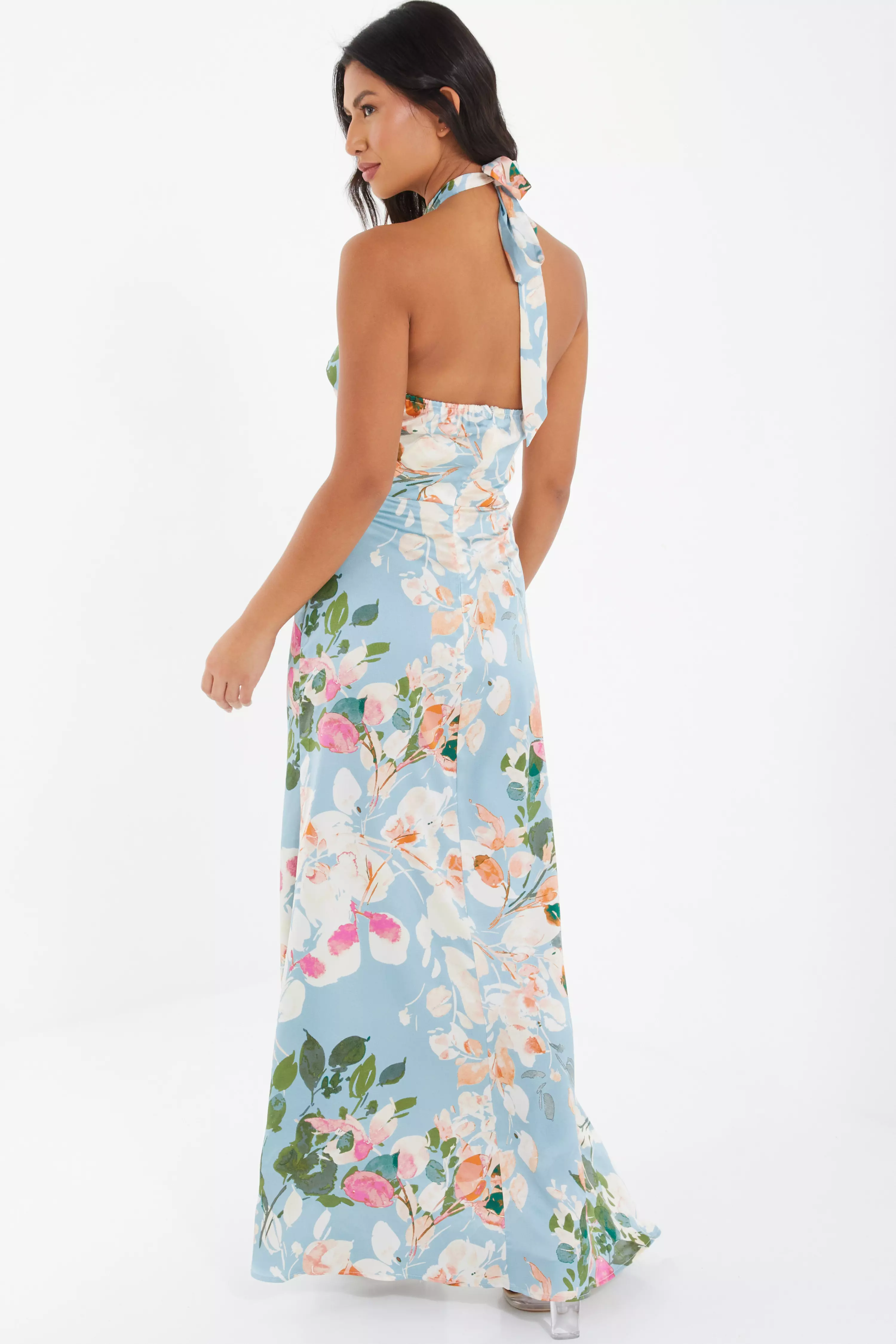 Blue Satin Floral High Neck Maxi Dress