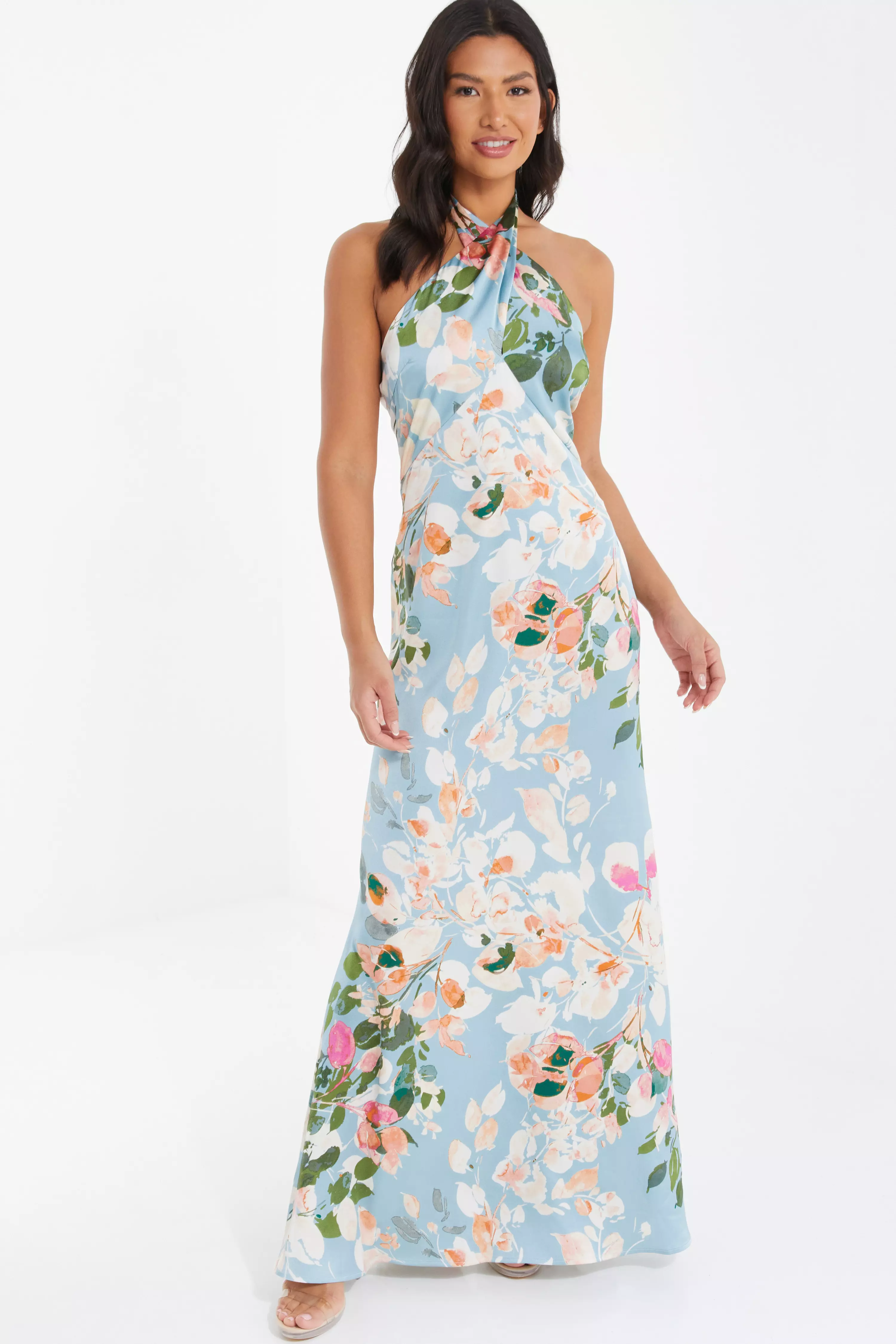 Blue Satin Floral High Neck Maxi Dress