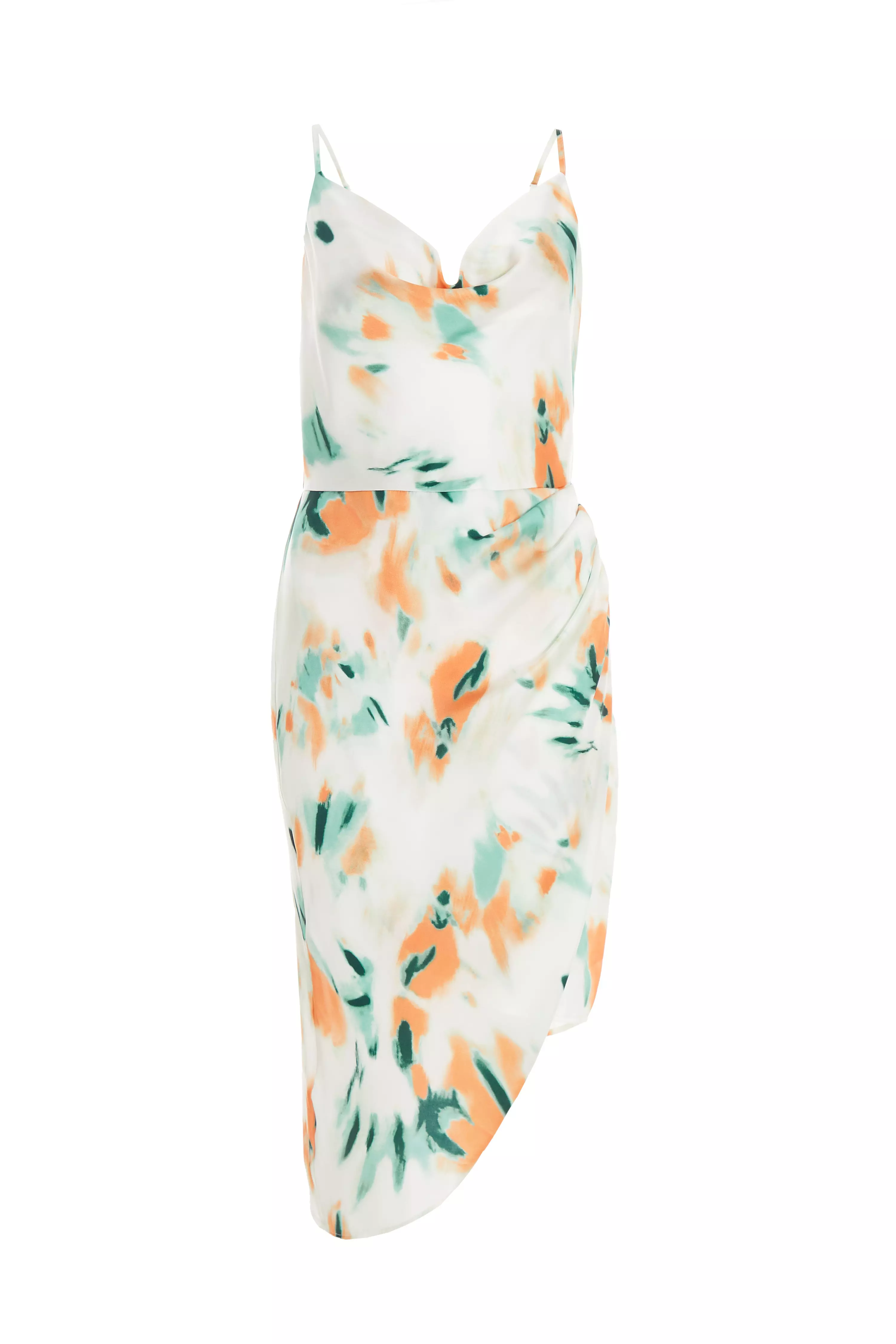 Cream Tie Dye Satin Ruched Midi Dress