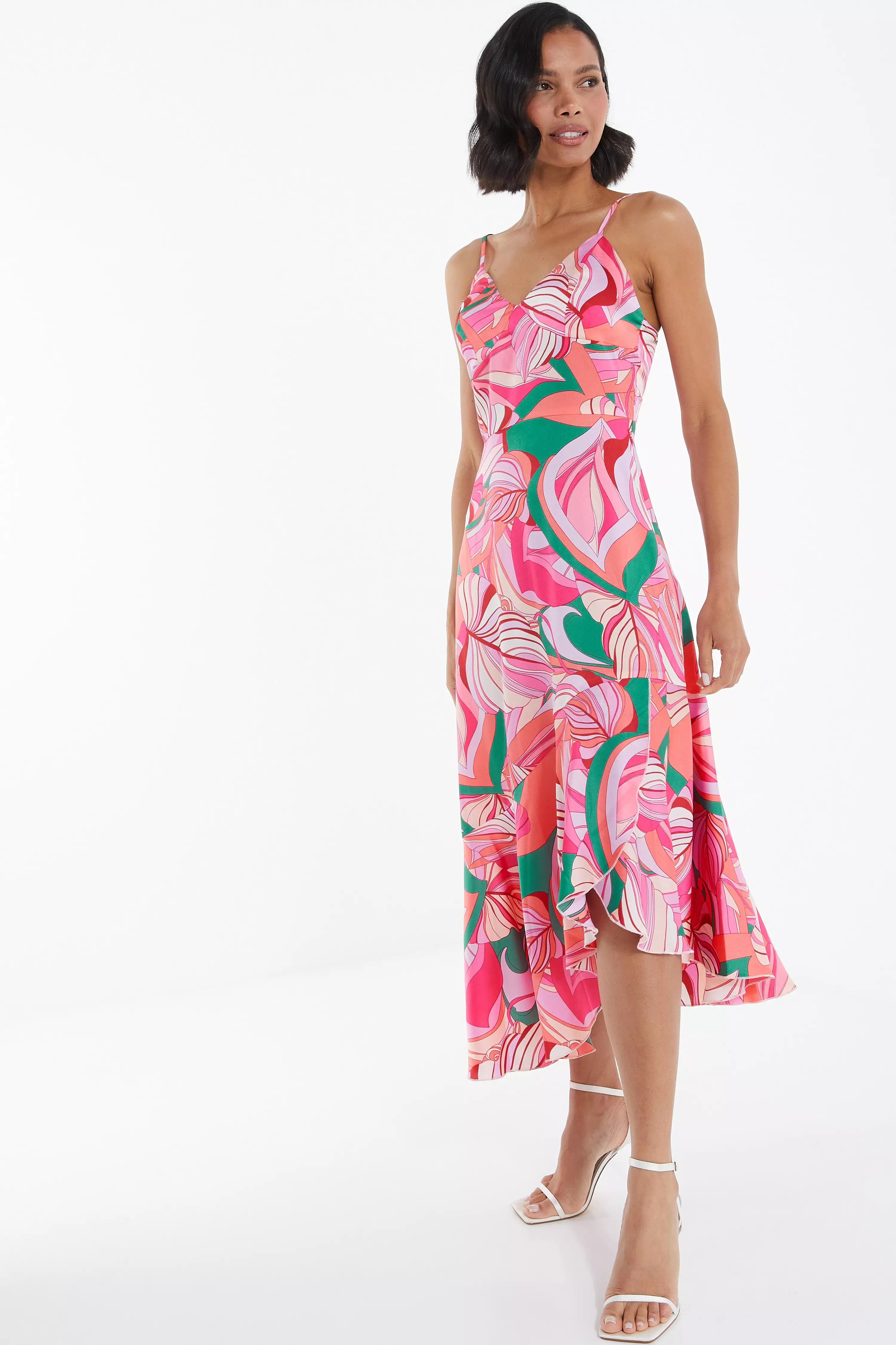 Pink Scarf Print Frill Midi Dress