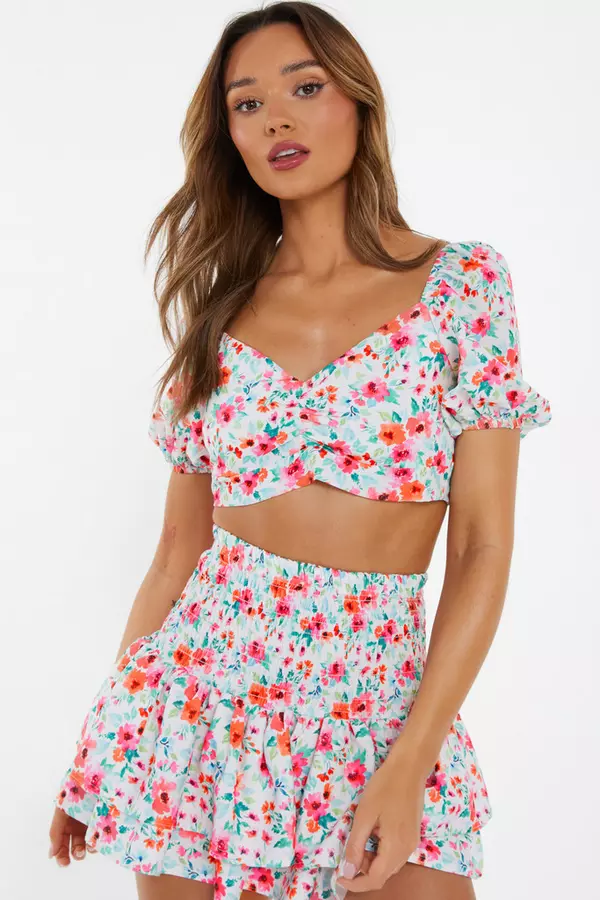 White Ditsy Floral Tie Back Crop Top