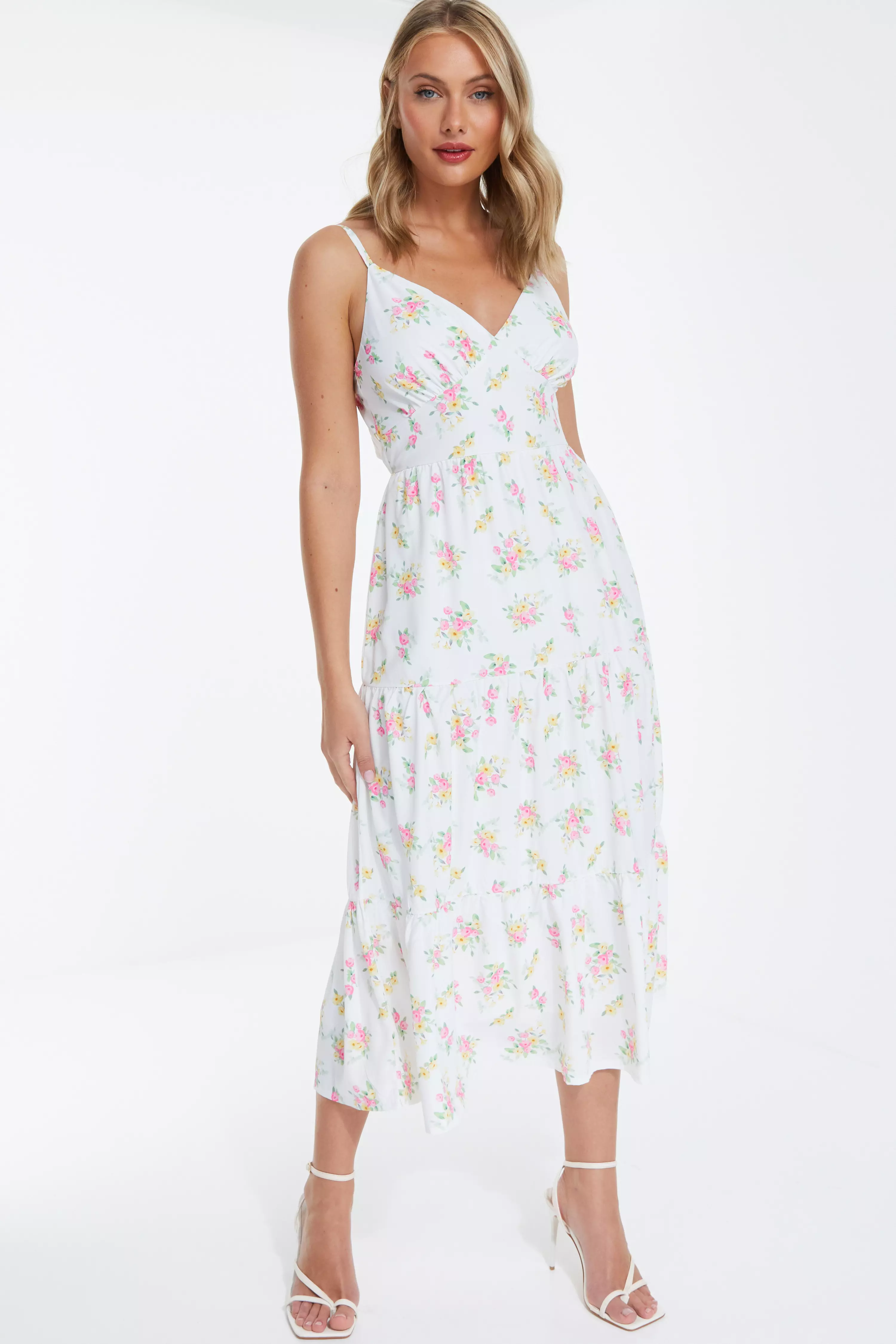White Ditsy Floral Ruched Midi Dress