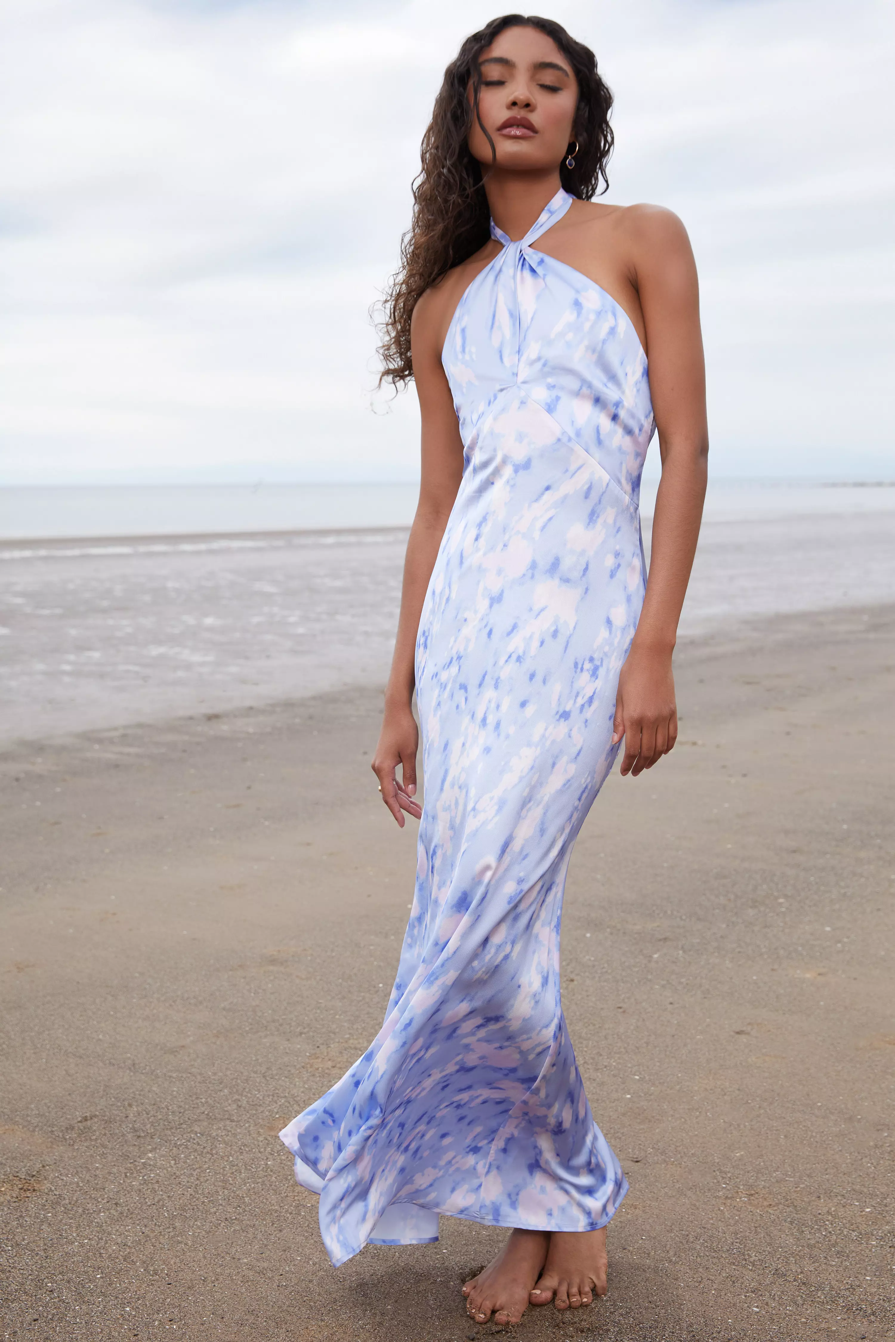 Blue Marble Print Halter Neck Maxi Dress