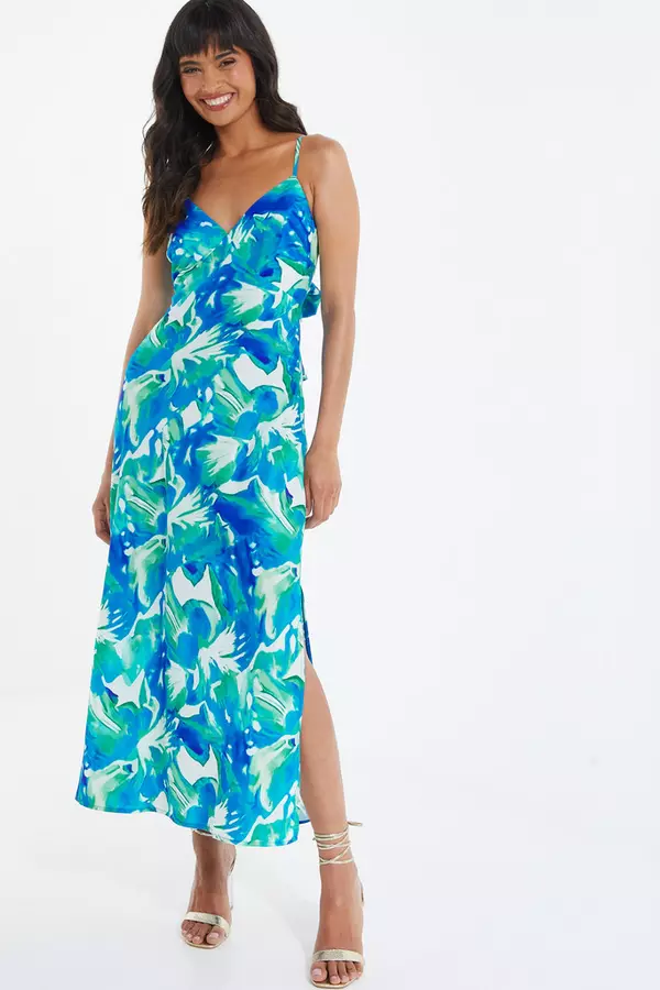Blue Tropical Print Satin Midaxi Dress