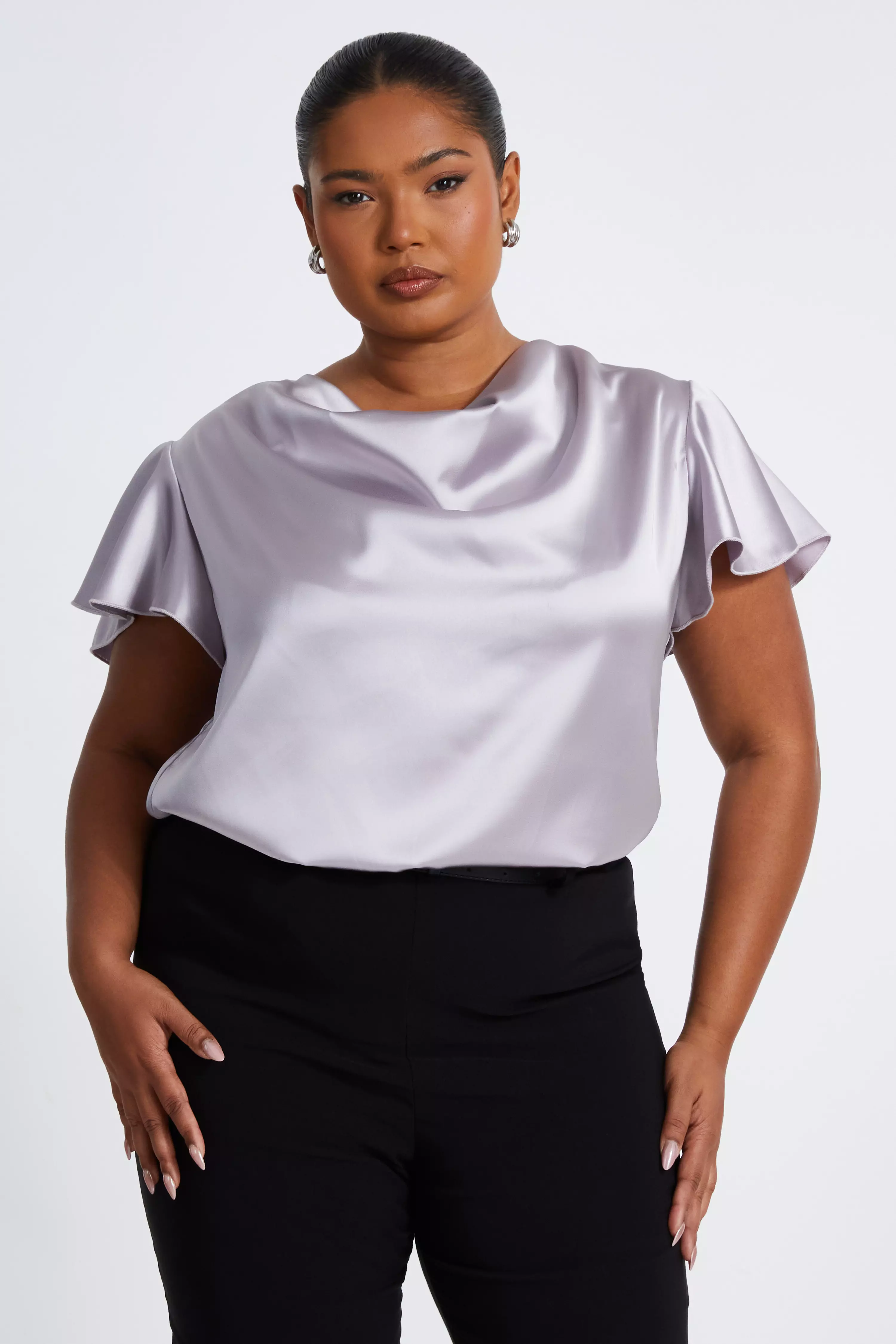 Curve Silver Satin Cowl Neck Top