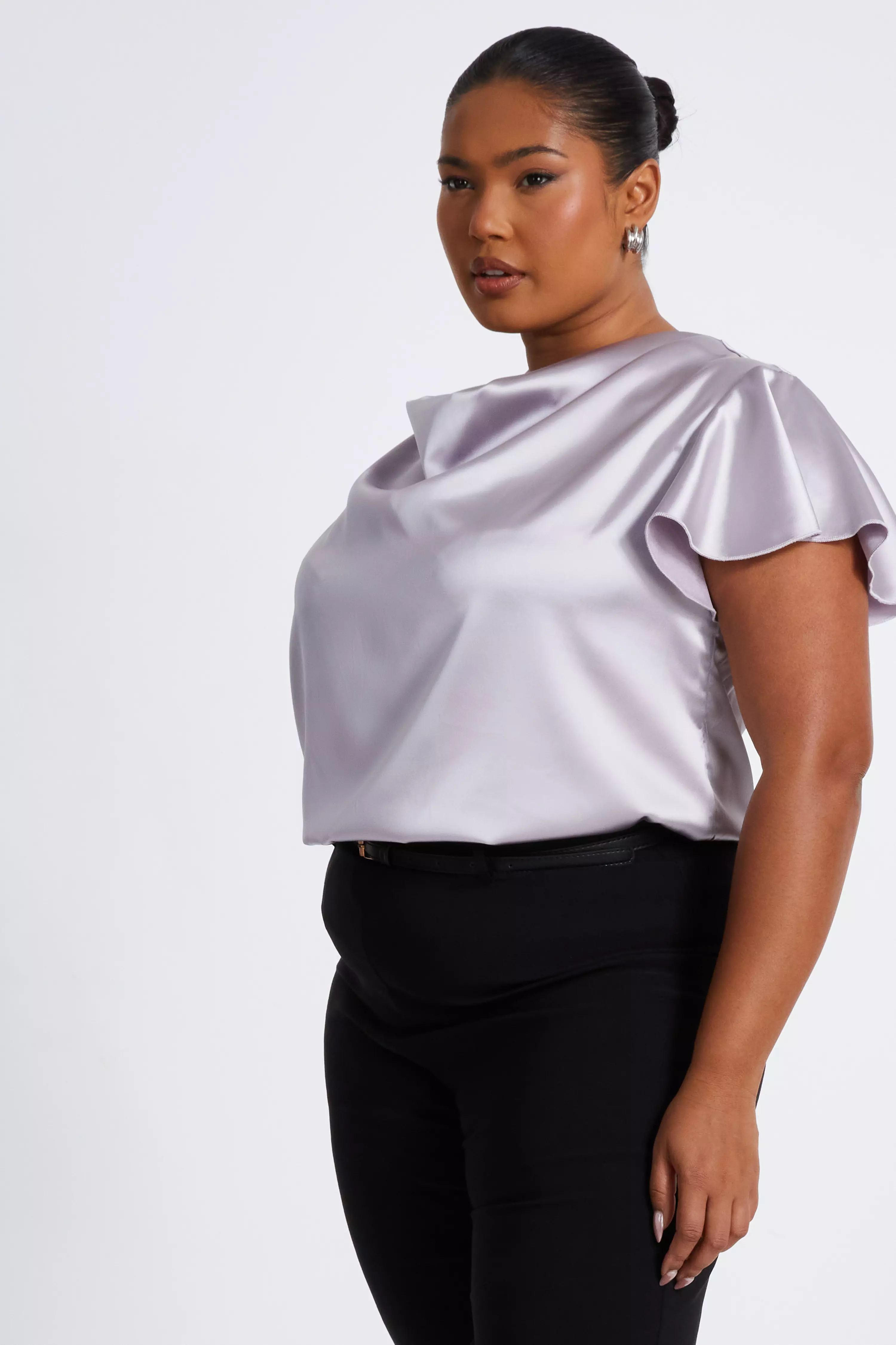 Curve Silver Satin Cowl Neck Top