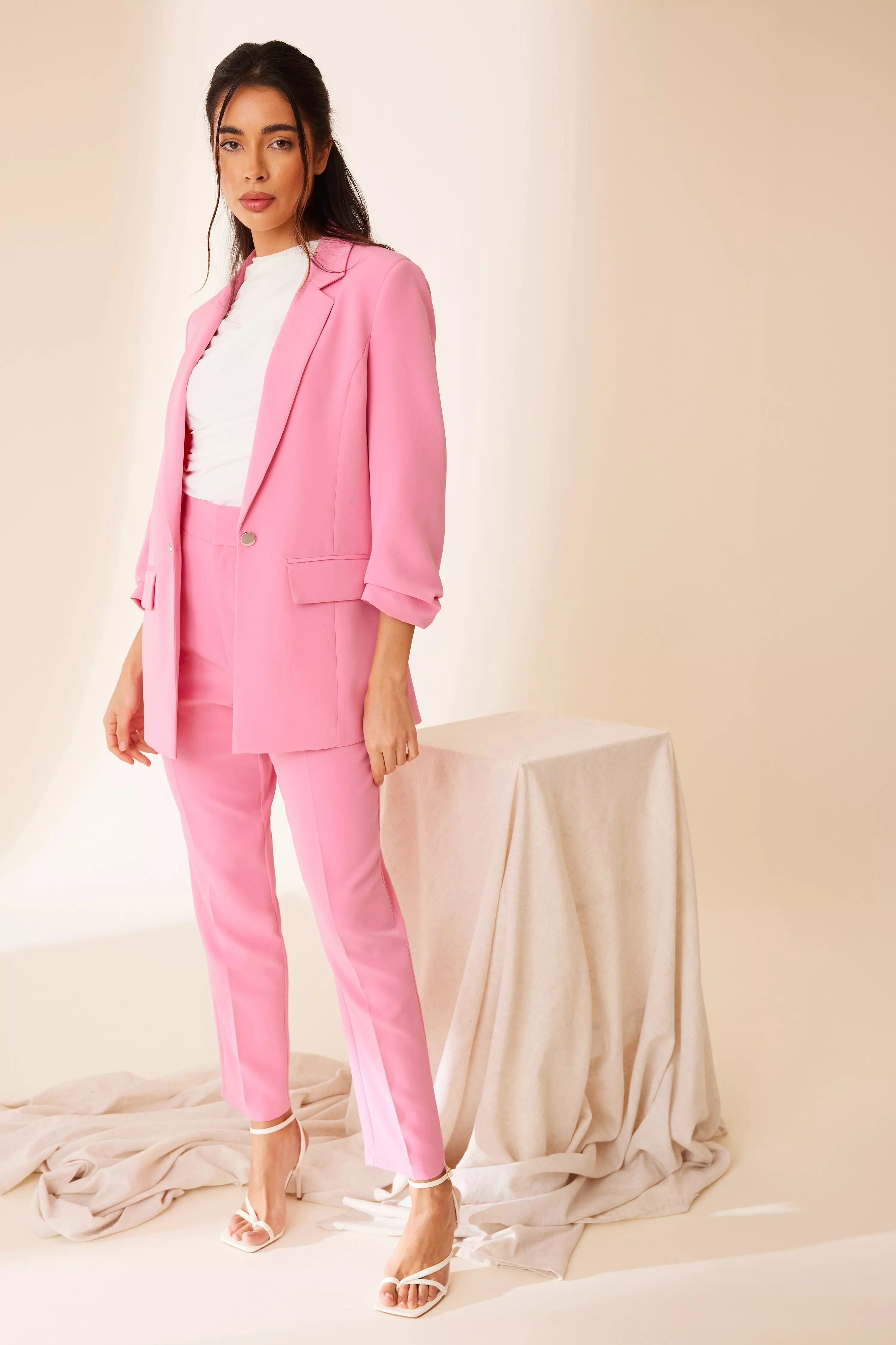 Pink Ruched Sleeve Blazer