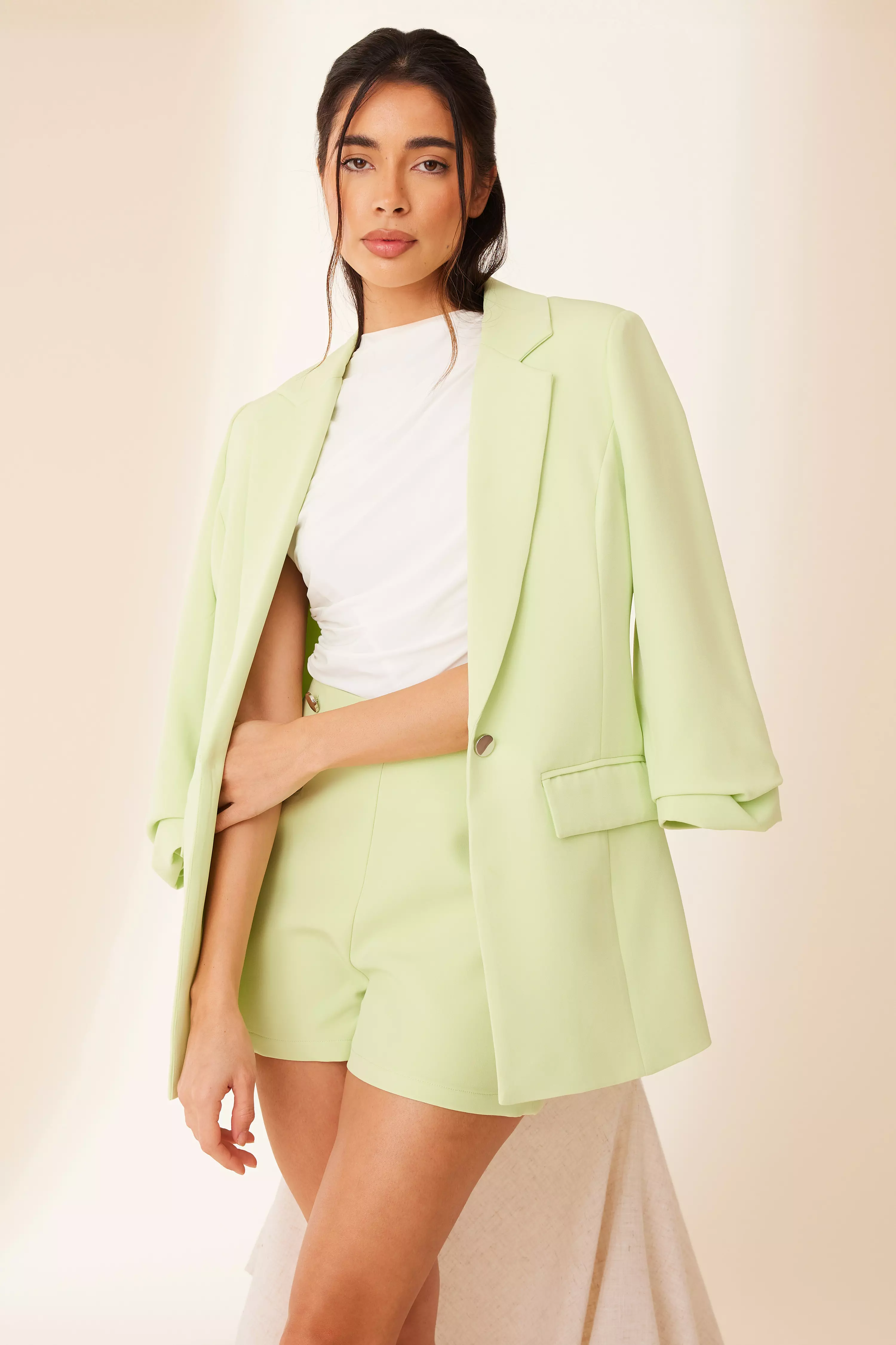 Lime Ruched Sleeve Blazer