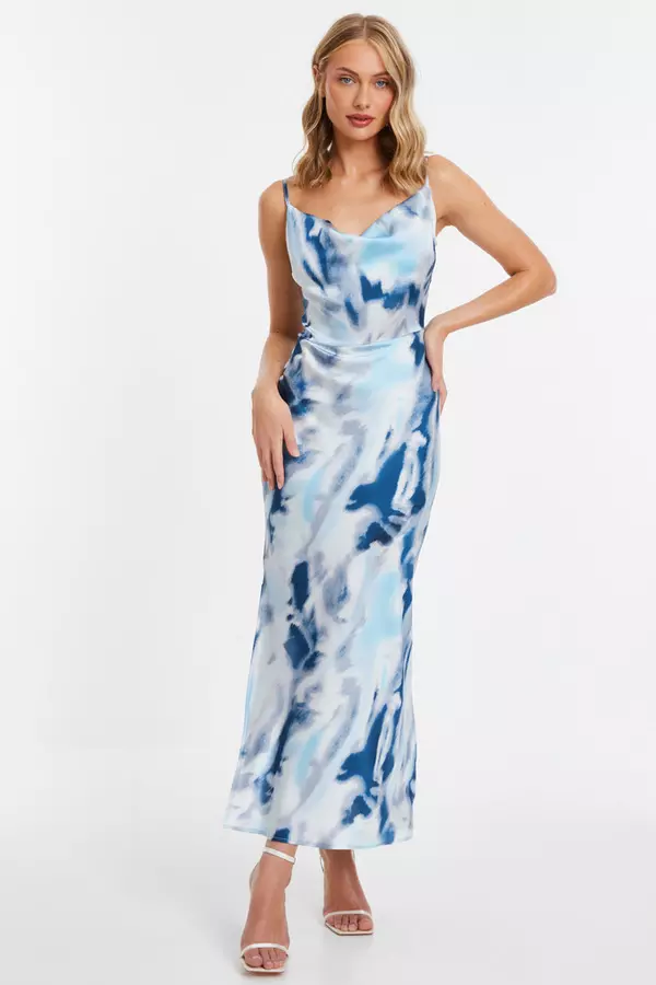 Blue Satin Marble Print Midi Dress