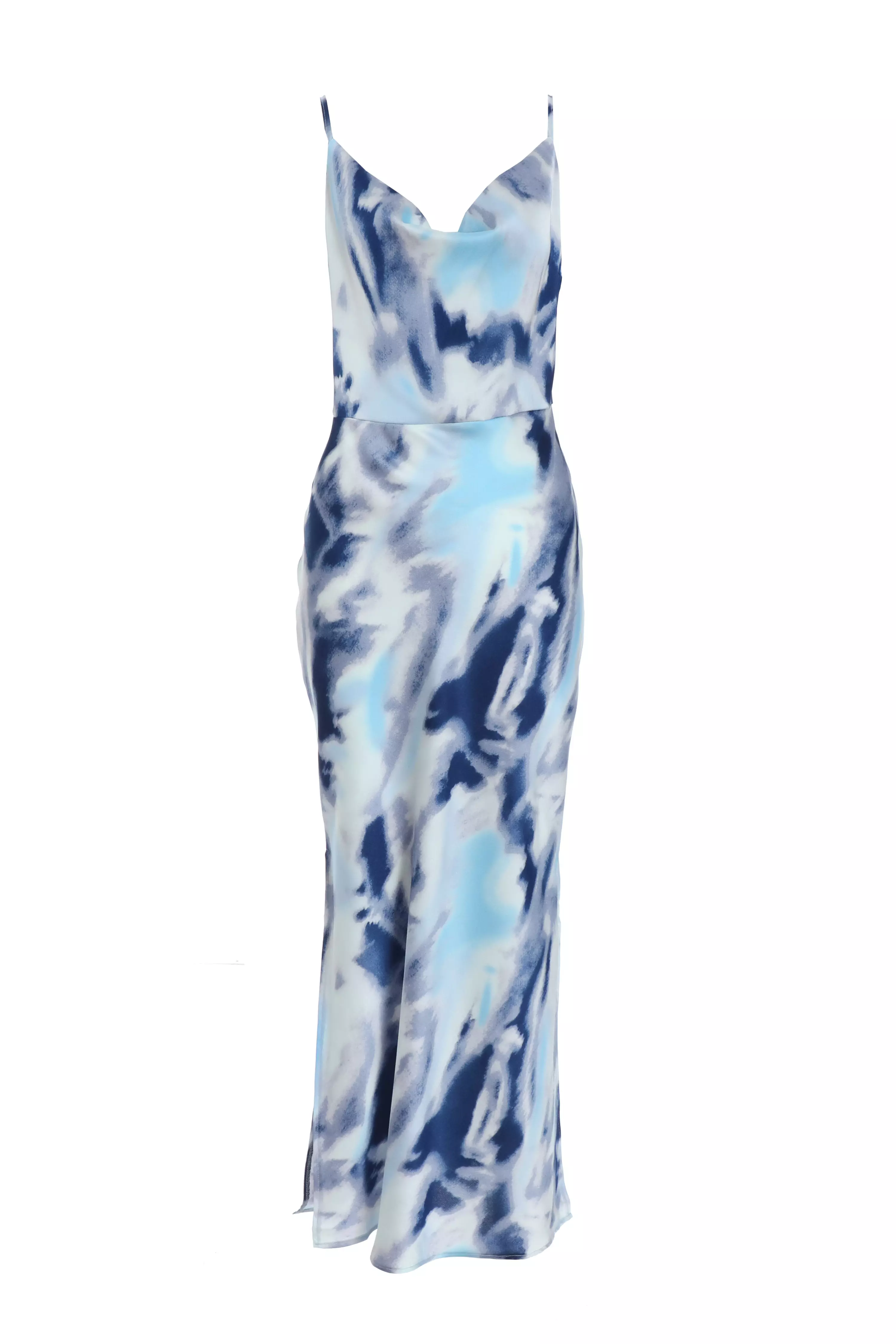 Blue Satin Marble Print Midi Dress