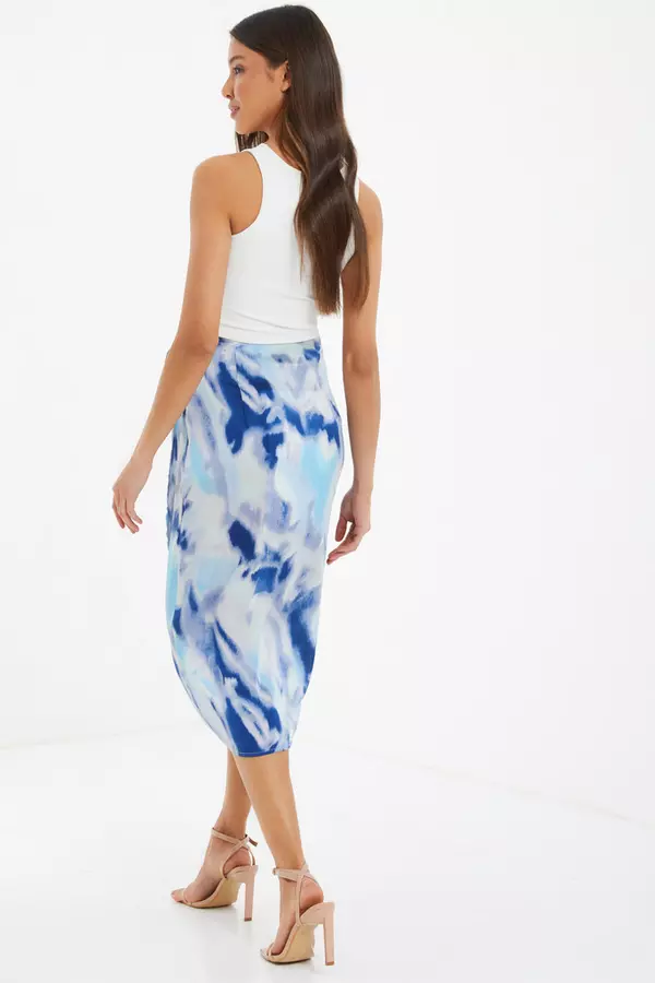 Blue Marble Print Wrap Midi Skirt