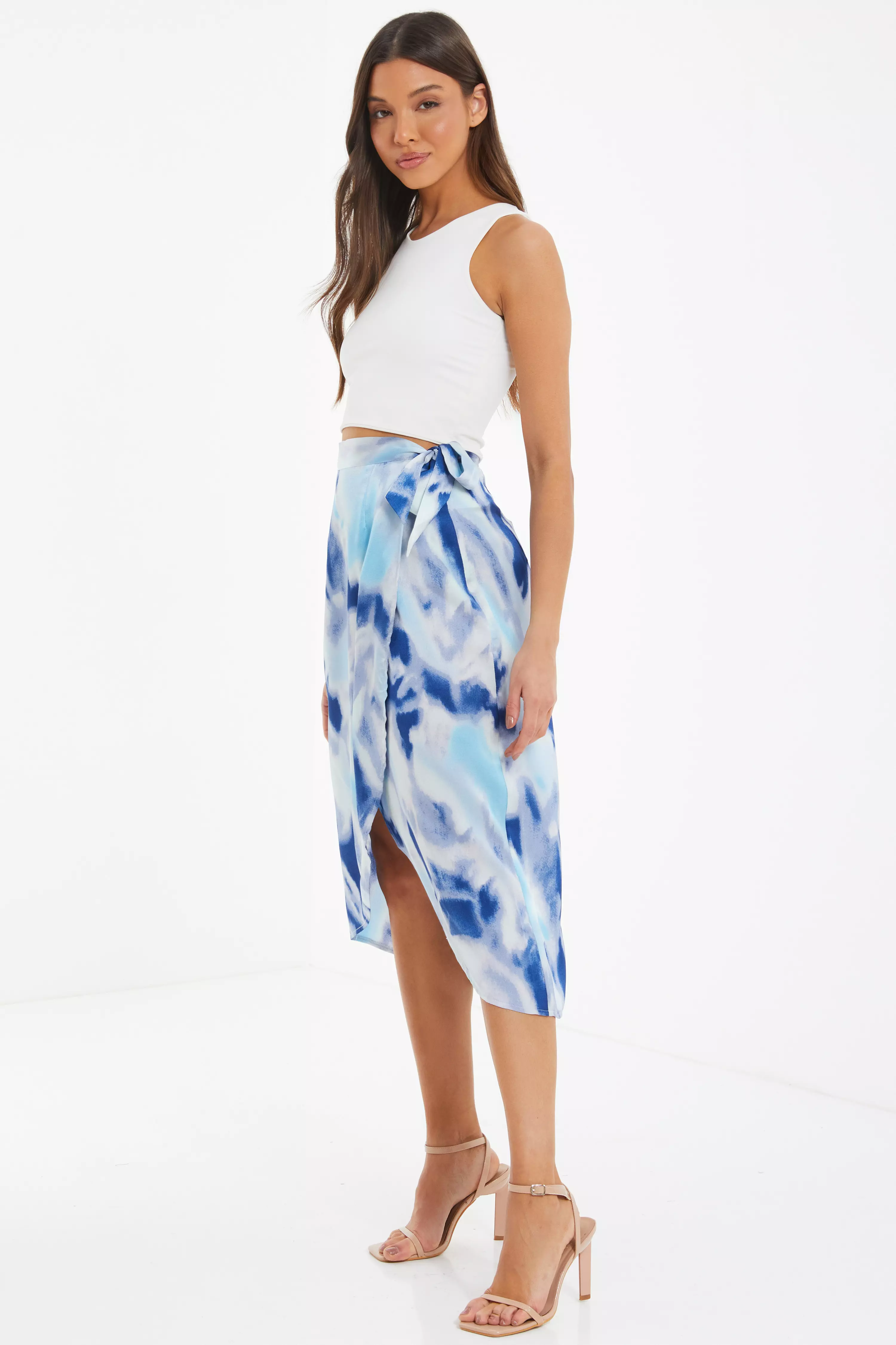 Blue Marble Print Wrap Midi Skirt