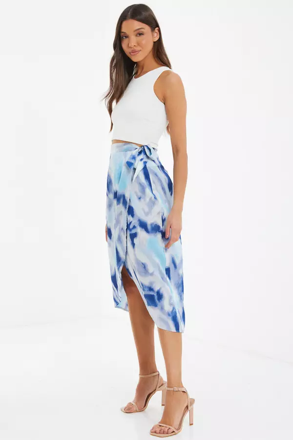 Blue Marble Print Wrap Midi Skirt