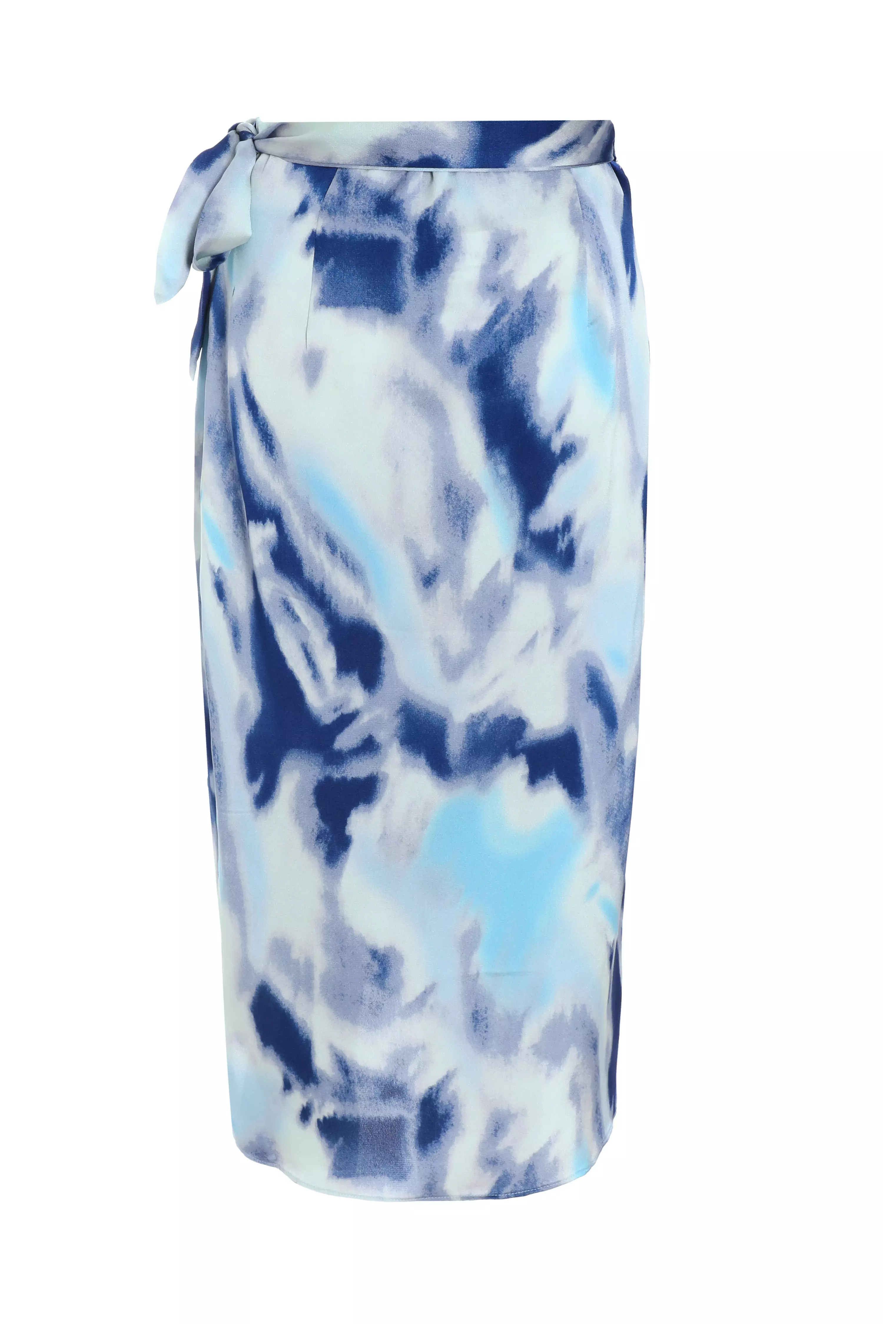 Blue Marble Print Wrap Midi Skirt