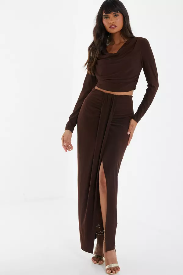 Brown Ruched Split Maxi Skirt