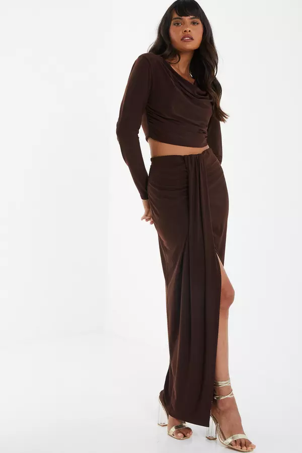 Brown Ruched Split Maxi Skirt