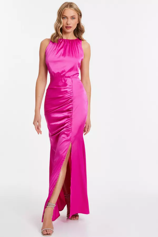 Pink Satin Ruched Maxi Dress