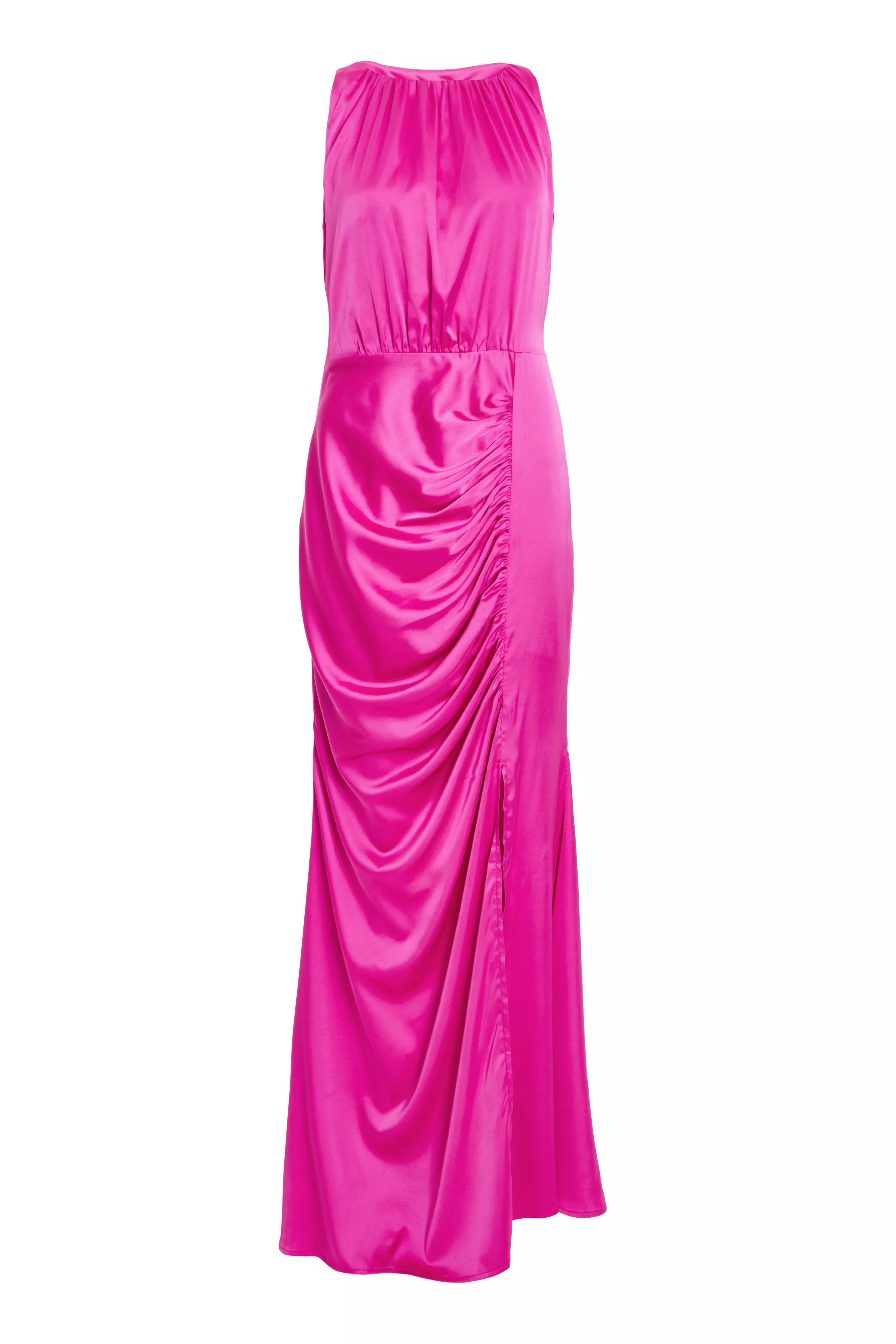 Pink Satin Ruched Maxi Dress