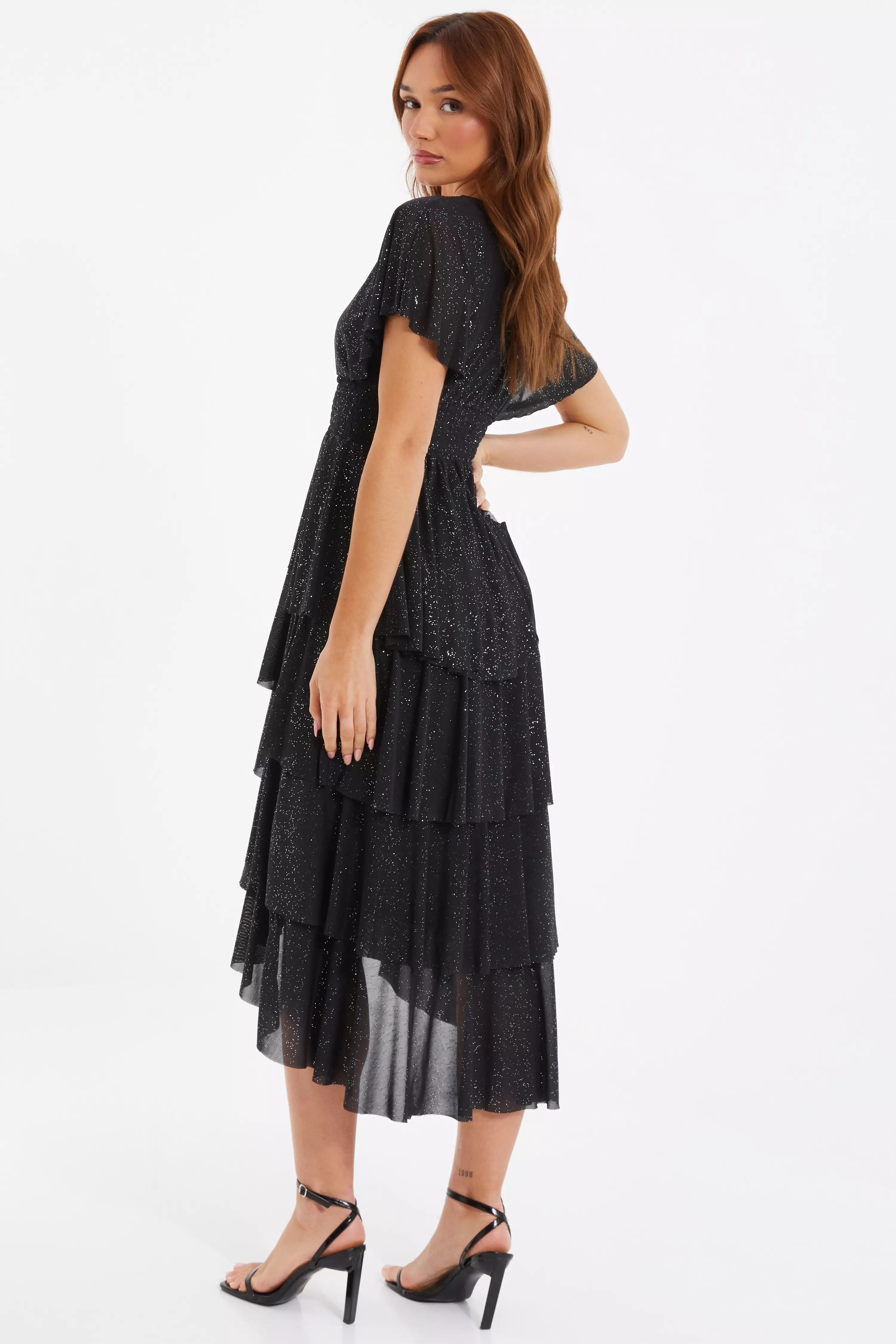 Black Glitter Tiered Dip Hem Midi Dress