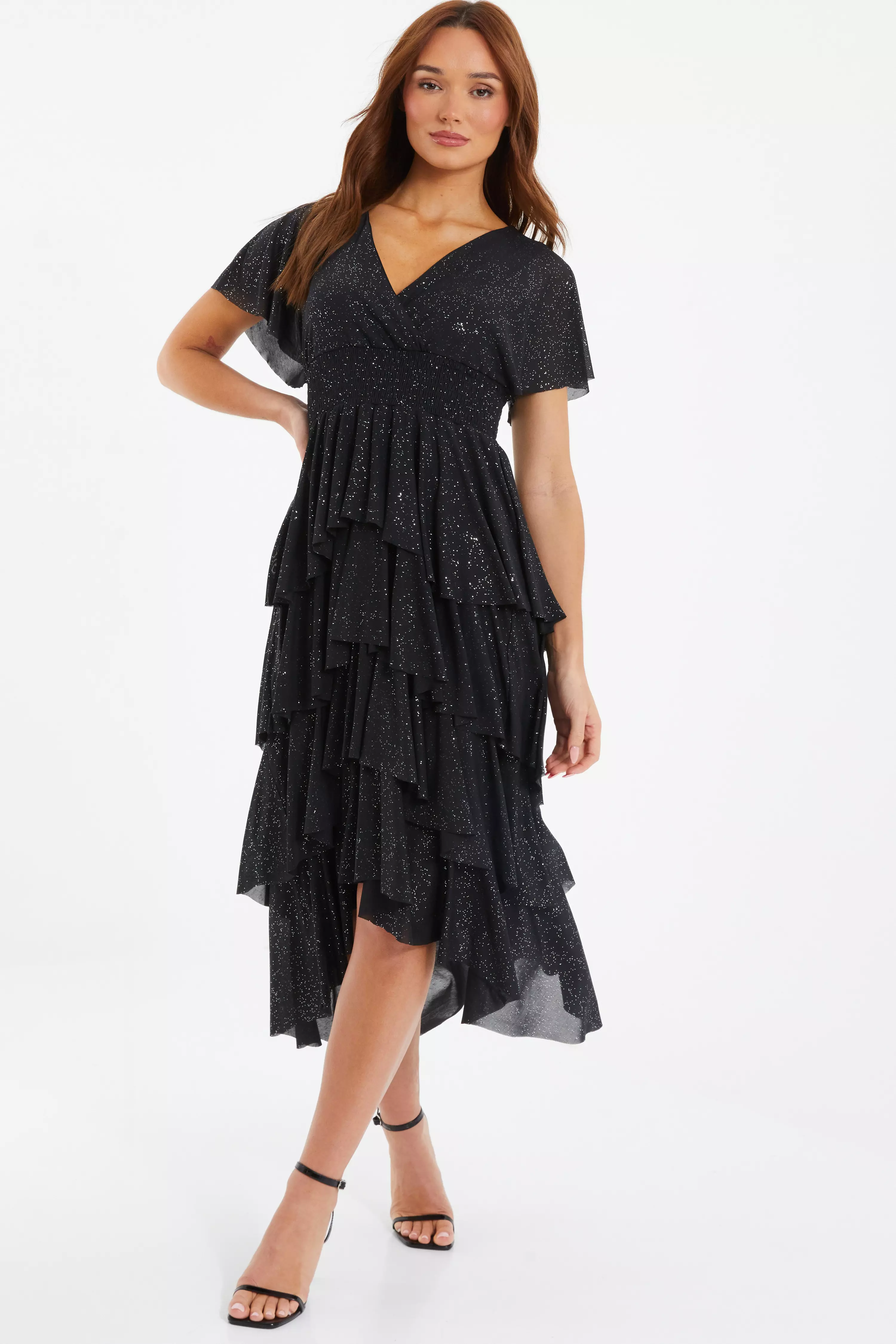 Black Glitter Tiered Dip Hem Midi Dress